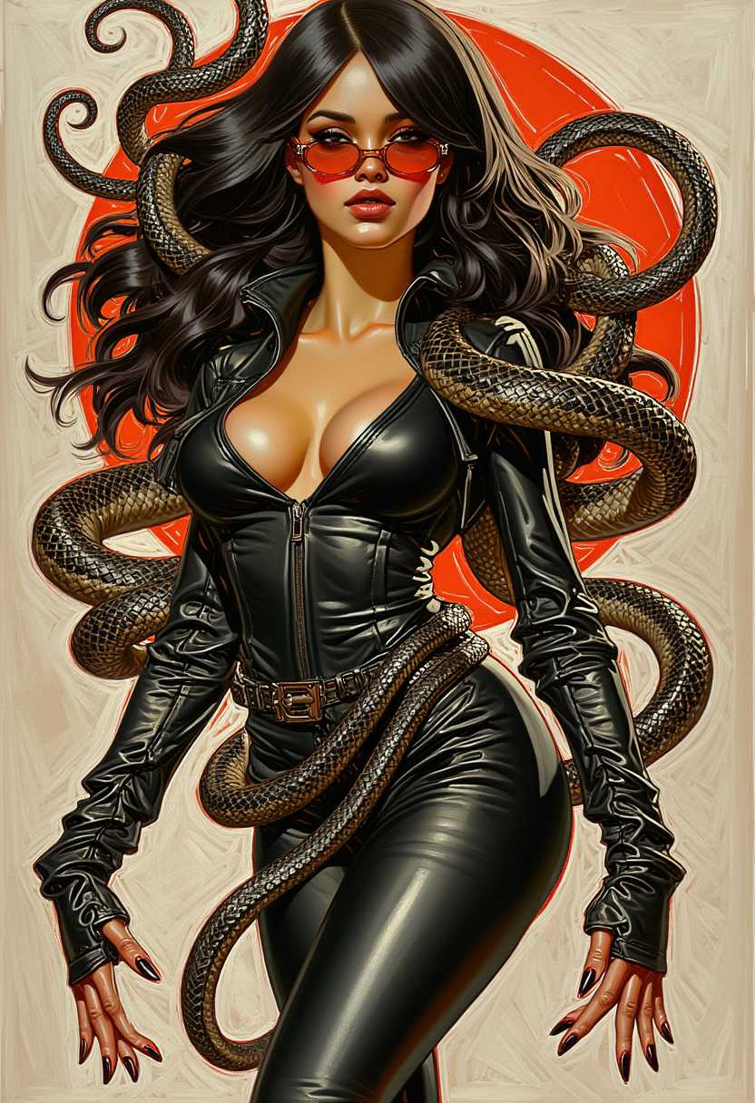an illustration in the style of JCL of Medusa, Filipina woman with dark eye liner, black leather jumpsuit, black hair made of multiple snakes, red translucent glasses, voluptuous body, dynamic action pose, utility belt of twisted black carbon snakeskin, curvy figure, tan skin