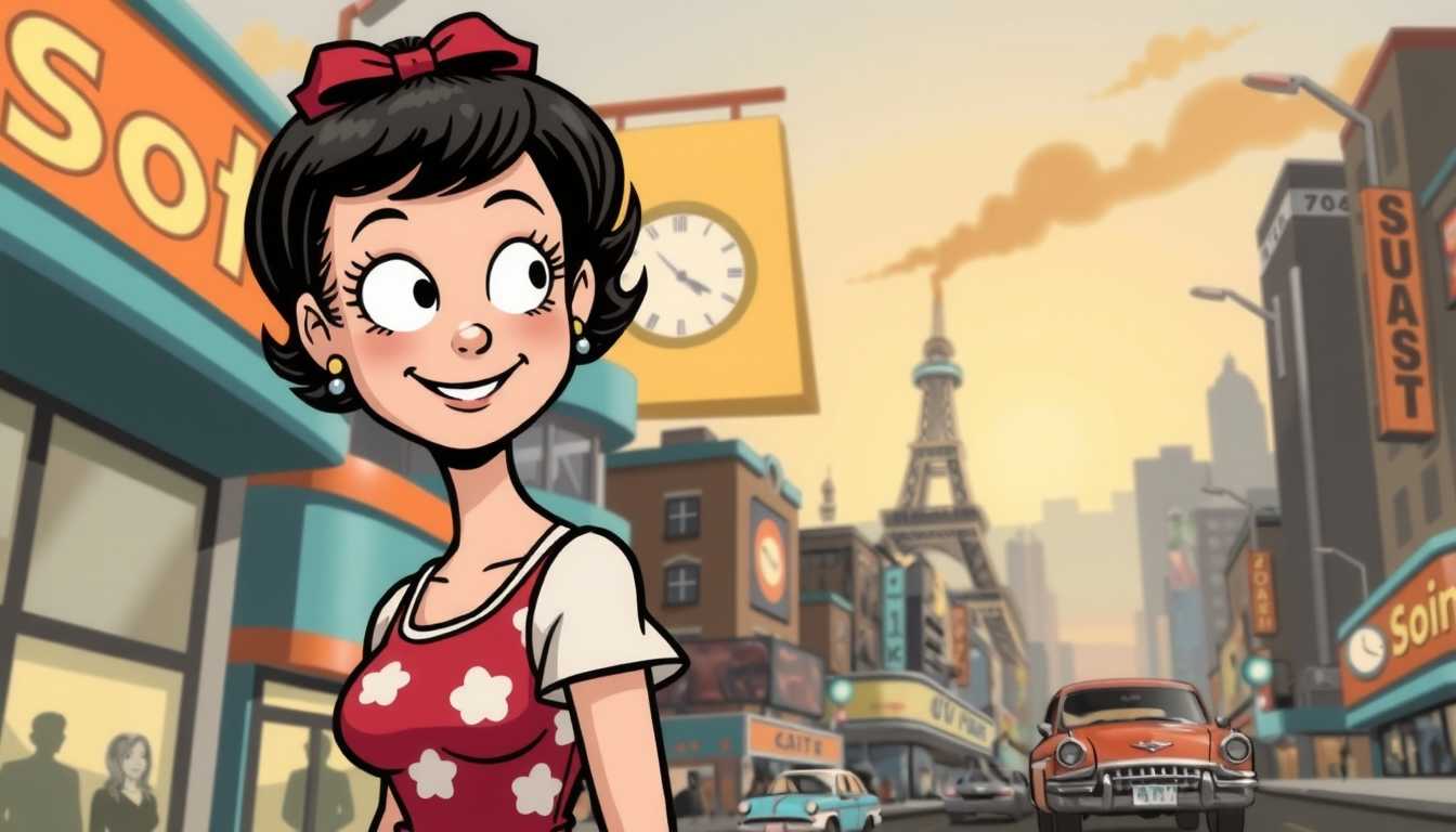 Cartoon rendering of a 1950s girl in a retrofuturistic city