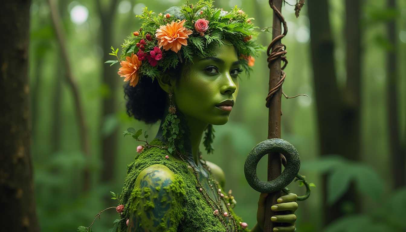 A vibrant portrait photography of Mother Nature with a green skin tone. She is wearing a floral crown and has leaves and flowers sprouting from her body. She holds a staff with a serpent coiled around it. The background is a lush forest with tall trees.