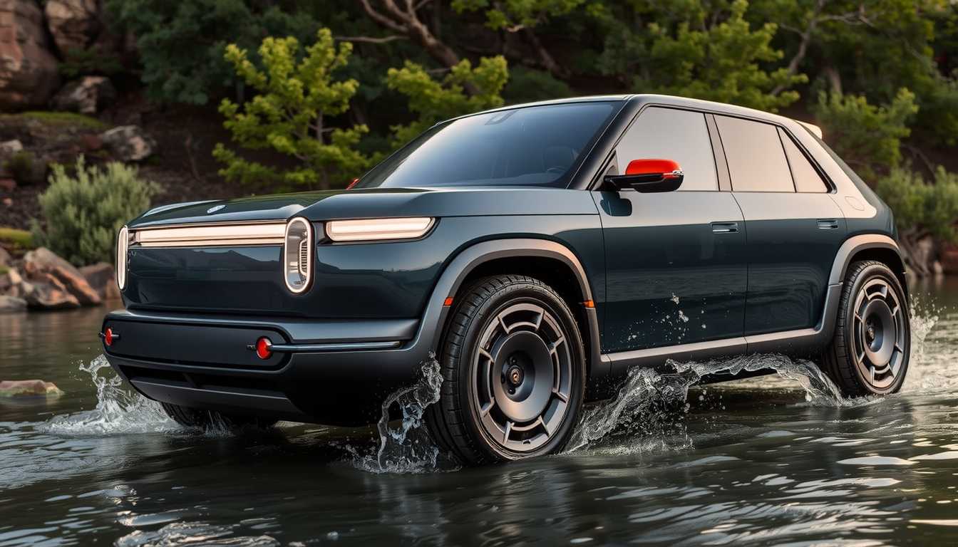 A high-definition action photograph of a sleek, black Rivian R3X car, dynamically rushing through a pristine river. The car's modern, angular design is highlighted with reflections of sparkling water droplets splashing all around. The setting captures late afternoon sunlight, casting a golden hue on the scene, with vibrant green foliage in the background and rocky riverbanks framing the image. Photographed from a low angle to emphasize the car's speed and power, the camera captures the wheels churning through the clear water, creating dramatic splashes. The image is sharp and well-lit, displaying fine details like the texture of the car’s body and the ripples in the water. The overall mood is exhilarating and adventurous, invoking a sense of freedom and the thrill of off-road exploration. Using a high shutter speed, the photograph freezes the intense motion, creating a stunning visual of both the vehicle and the natural environment.