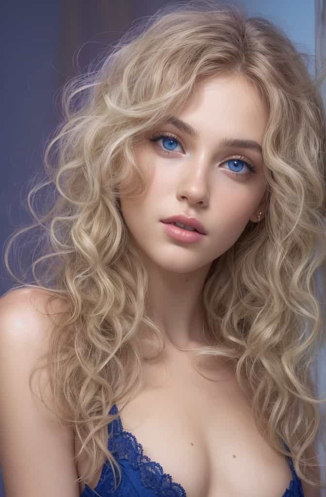 beautiful cobalt blue-eyed pubescent girl with sexy lace bra and cleavage 