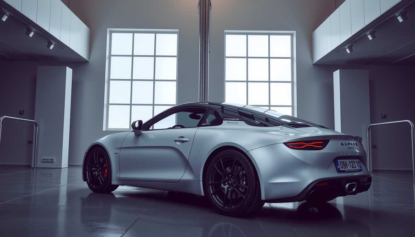 A highly detailed photo of an Alpine sports car inside a hyper-modern building with two large windows, showcasing the car's design. The image features high-definition textures that capture the sleek lines and curves of the Alpine, with its polished, reflective surface highlighting the craftsmanship. The building's architecture is ultra-contemporary, with clean lines, minimalist aesthetic, and futuristic elements, creating a high-tech atmosphere. The two expansive windows flood the space with natural light, which is contrasted by subtle shadows, adding depth and dimension. The car is centrally positioned, with the camera angle slightly low and to the side, emphasizing the aggressive stance of the car. The composition draws the viewer’s eye towards the car as the focal point. The mood is sophisticated and cutting-edge, captured in crisp detail with a high-resolution photo technique. The environment and lighting work seamlessly to elevate the Alpine, making it the star of the scene.