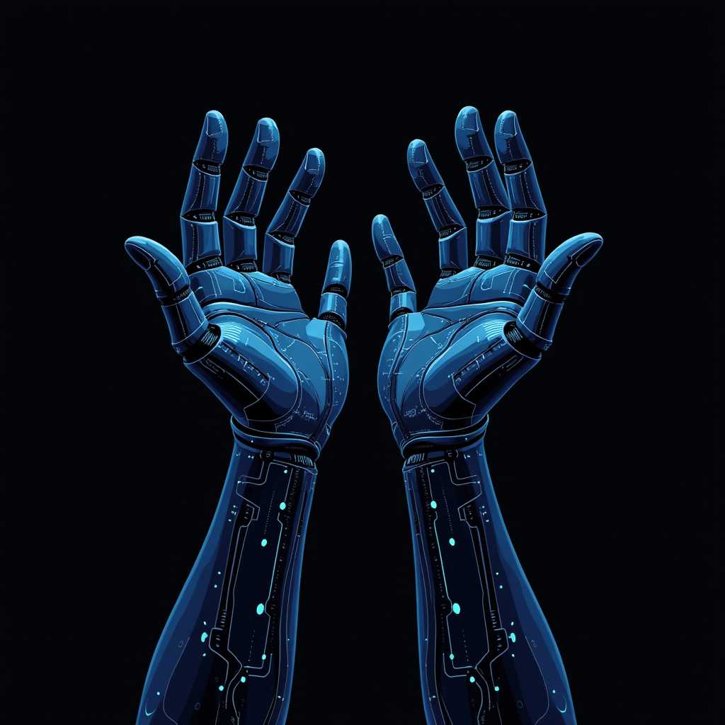 Vector illustration: Two detailed, circuit-patterned robotic hands rise in an offering gesture against a black background. The hands, rendered in shades of blue, feature intricate technological designs resembling circuitry and mechanical components. Complex patterns extend beyond the hands, filling the surrounding space with a network of lines and small geometric shapes. The overall effect suggests advanced AI technology, portrayed as both intricate and expansive, emerging from darkness.