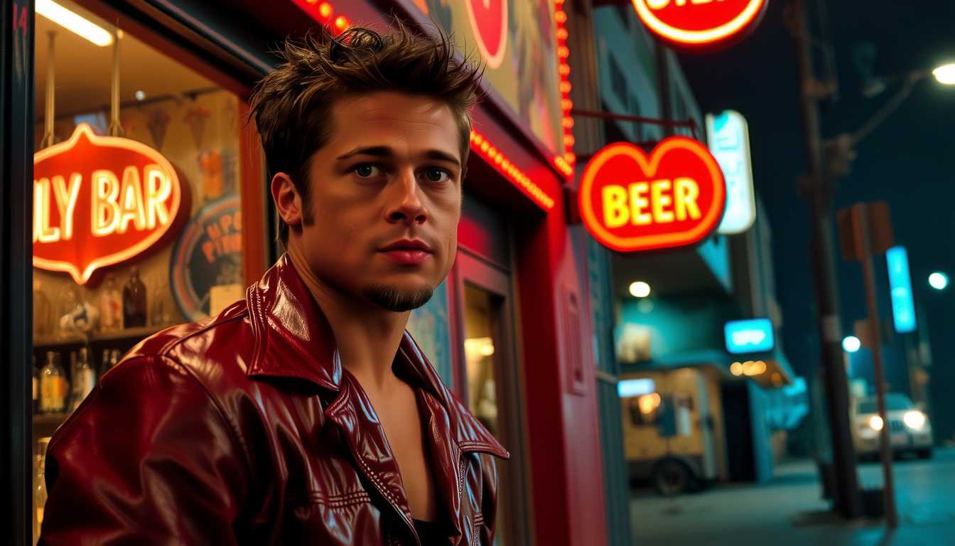 a photo of DRD, , wearing a red leather jacket outside of an ugly bar where guys who are tired of life go to get a beer go, he looks calm and cool at night