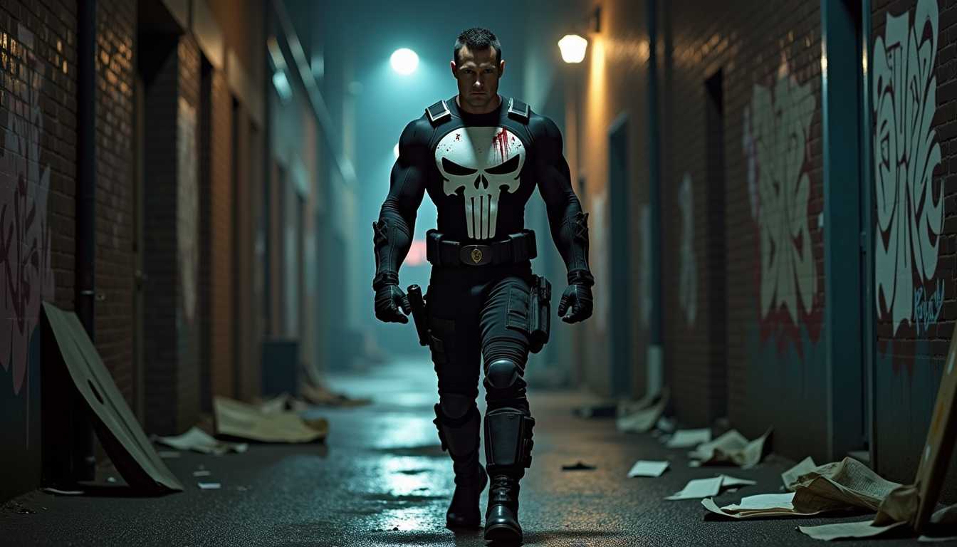 A high-resolution cinematic photograph of the Punisher, dressed in his iconic black tactical suit with the prominent white skull emblem on the chest, walking down a dimly lit, narrow alleyway. The scene captures the gritty aftermath of a revenge mission, with subtle bloodstains marking his suit and a determined, almost menacing expression on his face. The alleyway is cluttered with scattered debris — old newspapers, broken glass, and graffiti-covered walls — adding to the ambiance of urban decay. 

Shadows cast by the flickering streetlights play across his muscular physique, emphasizing the textures of his combat gear. The ground is wet from a recent rain shower, reflecting the soft, moody glows of the distant city lights. From a low-angle, three-quarter view, the camera frames the Punisher in a heroic yet dark composition, enhancing the sense of resolution and foreboding in the atmosphere. The overall feel is tense and dramatic, with a color palette dominated by deep blacks, grays, and hints of cold blue, evoking a noir aesthetic. Technical details include a shallow depth of field to keep focus on the Punisher, with faint bokeh lights in the background adding to the visual depth.