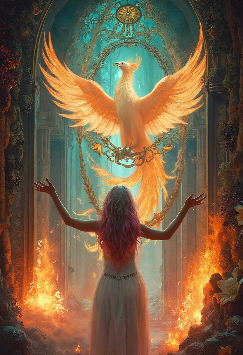 Art Nouveau masterpiece by Alphonse Mucha, depicting an Enchanted Phoenix Sanctuary, illuminated by mystical fires symbolizing rebirth. The scene is bathed in a dazzling Prism Strobe Light, casting vibrant, multi-colored reflections that dance around the sanctuary. A solitary woman, wearing goddess clothes, stands at the center, reaching out with both hands, her expression infuriated. She has pink and silver ombre messy fringe with tapered sides, framing her fierce and determined face. . The phoenix, perched majestically beside her, spreads its magnificent wings, surrounded by intricate, swirling Art Nouveau patterns and delicate floral motifs. The overall mood is a blend of mysticism and passionate intensity, with the interplay of light and shadow creating a dynamic and captivating atmosphere. The composition is balanced with the girl slightly off-center, her outstretched hands drawing the viewer's eye towards the resplendent phoenix, set against a backdrop of lush and intricate natural elements typical of Mucha's style.