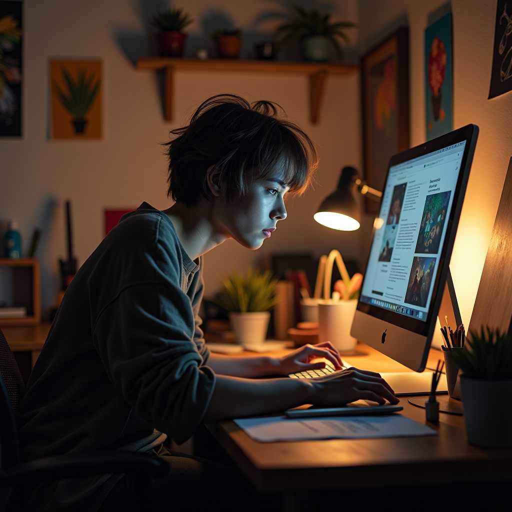 An artistic individual with short, tousled brown hair sits hunched over a sleek computer screen in a dimly lit studio. The space around them is filled with an eclectic mix of art supplies, half-finished canvases, and digital equipment. Soft, ambient light from a nearby lamp casts a warm glow on their concentrated face as they work intently on a digital project. Scattered sketches and mood boards line the walls, hinting at the creative process behind their current endeavor. The atmosphere is one of focused creativity, with the gentle hum of technology blending with the artistic ambiance of the studio.