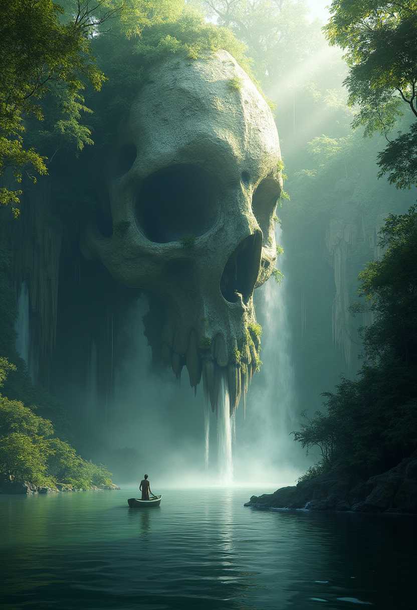  cinematic, serene natural scene, a person in a small boat on a calm body of lake, an impressive waterfall cascading down from a giant creature's skull with lush vegetation growing around it, The skull should be seamlessly integrated into the landscape, ethereal and mystical atmosphere, Sunlight should filter through the canopy above, highlighting the tranquil and otherworldly quality of the scene, beautiful reflection, realistic