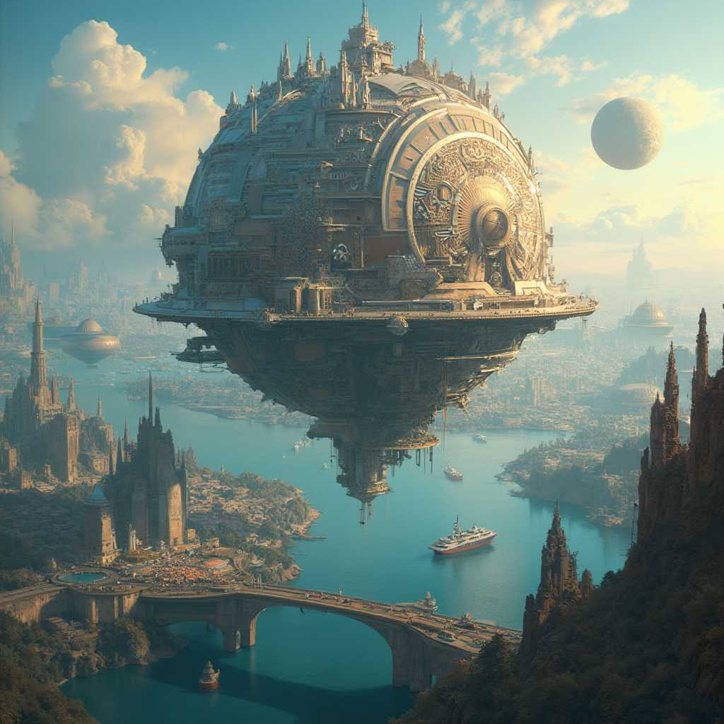 This image is a breathtaking depiction of a futuristic and fantastical cityscape, reminiscent of science fiction and fantasy genres. The central focus is a massive spherical structure, which appears to be a floating city or space station, with intricate designs and a complex array of buildings and platforms.The spherical city is adorned with a latticelike framework, giving it a delicate and ethereal appearance. The surface of the sphere is a tapestry of architectural styles, with spires, domes, and angular structures that suggest a high level of advanced technology and civilization. The city is bathed in a warm, golden light, which casts reflections on the water below and creates a sense of depth and vibrancy.The spherical city is surrounded by a variety of other objects and structures that contribute to the overall fantastical atmosphere. Floating islands, bridges, and towers are scattered throughout the scene, all connected by a network of roads and walkways. The water below is a deep blue, with boats and ships navigating the canals and harbors, adding to the sense of a bustling, active city.The sky above is a canvas of blues and whites, with clouds drifting lazily and a few celestial bodies, such as planets and moons, floating in the distance. The light in the sky suggests either dawn or dusk, with the warm glow of the horizon and the cooler tones of the upper atmosphere.The art style of the image is highly detailed and realistic, with attention to textures and shadows that give the scene a threedimensional quality. The medium appears to be digital painting, given the smooth gradients and seamless blending of colors. The colors used in the image are rich and vibrant, with a predominance of blues, browns, and golds, which create a sense of warmth and depth.Overall, the image is a captivating and imaginative portrayal of a futuristic and fantastical world, filled with wonder and possibility.