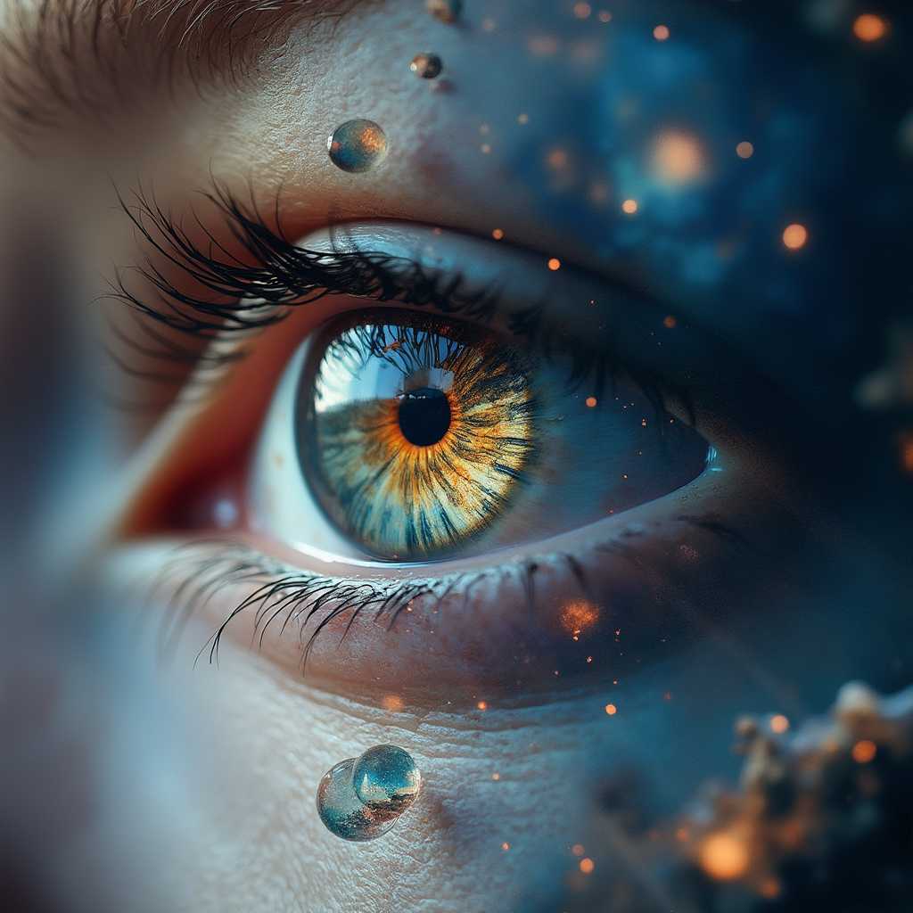 A highly detailed, realistic photograph capturing the concept of the 'mind's eye.' The central focus is a human eye, meticulously detailed with intricate patterns and vivid textures within the iris and pupil, representing imagination and inner vision. Surrounding the eye are faint yet perceptible images of galaxies, dreamlike landscapes, and abstract shapes that blend seamlessly into the background, symbolizing thoughts and creativity. Soft, ethereal lighting gently highlights the eye, creating a mystical and contemplative atmosphere. The overall composition should exude a sense of depth and wonder, with the eye positioned centrally, framed by the otherworldly elements radiating from it. The use of subtle color gradients and delicate contrasts enhances the surreal, introspective mood. Photorealistic textures, macro lens photography, and a shallow depth of field bring sharp focus to the eye while softly blurring the surrounding imagery, creating an immersive and captivating visual experience.