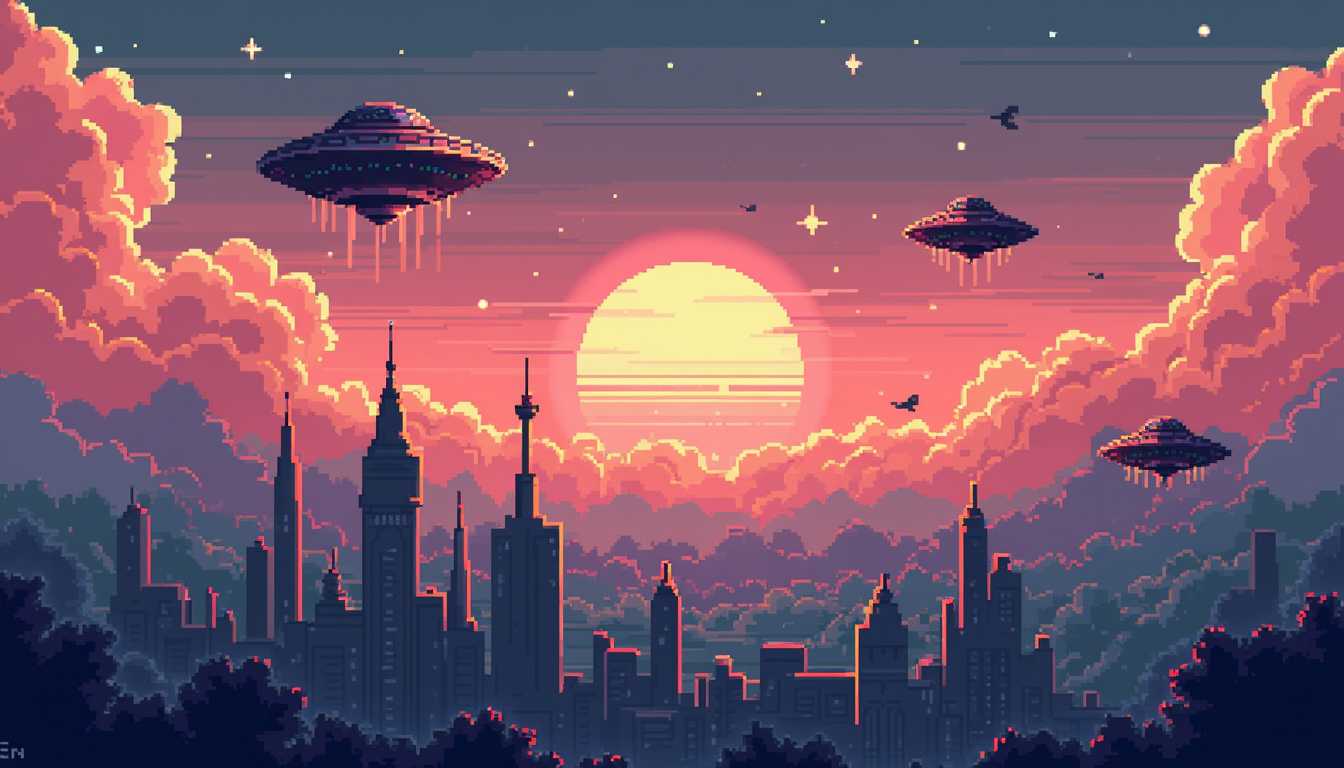 pixel art, ufolora, 4 petits ufo vu dans le ciel d'une grande ville