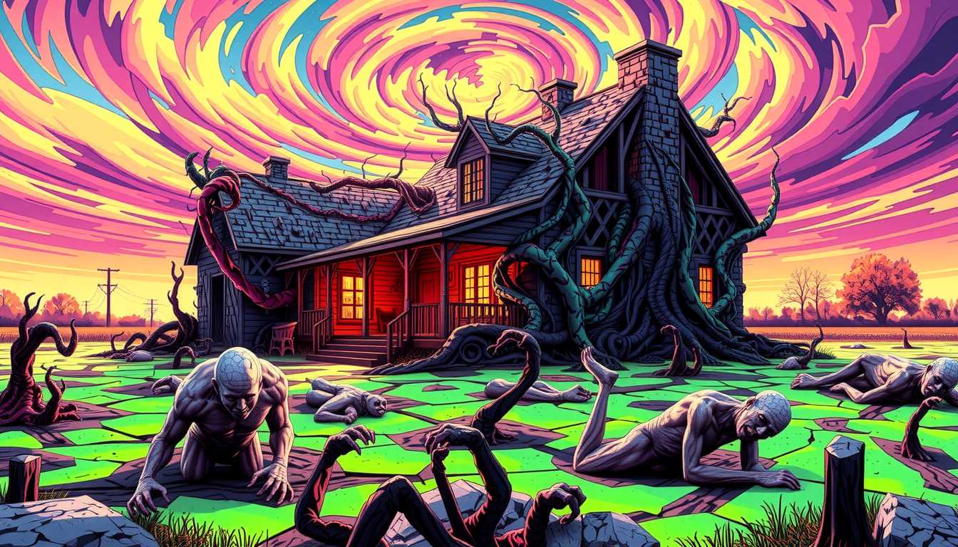 Vibrant Fantasy Art Haunting House Surrounded by Zombies Amidst a Colorful Sky