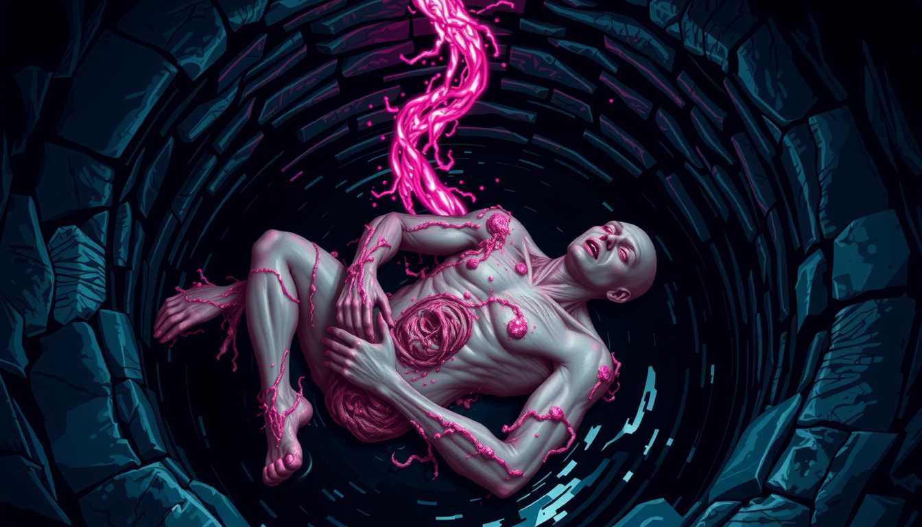 In Style of COS, A 384-bit pixel image of a dark, ominous well. At the bottom of the well, Merwin's remains are barely recognizable. His body, once youthful and full of life, is now a grotesque mass of half-dissolved flesh and bone, twisted into unnatural shapes. Patches of his skin have liquefied, revealing glowing, crystalline formations growing where muscle and bone should be. His limbs are contorted, with some fused with the strange, iridescent fluid that seeps from the well's depths, and his face, now only a skeletal mask, still bears the faint glow of the color that consumed him. The well itself is a swirling vortex of unnatural light, casting eerie reflections onto the water and stone. Ultra-sharp pixel graphics capture every detail of the horrifying fusion of his dissolving body with the alien presence, the unnatural colors swirling through the well, and the grotesque stillness.