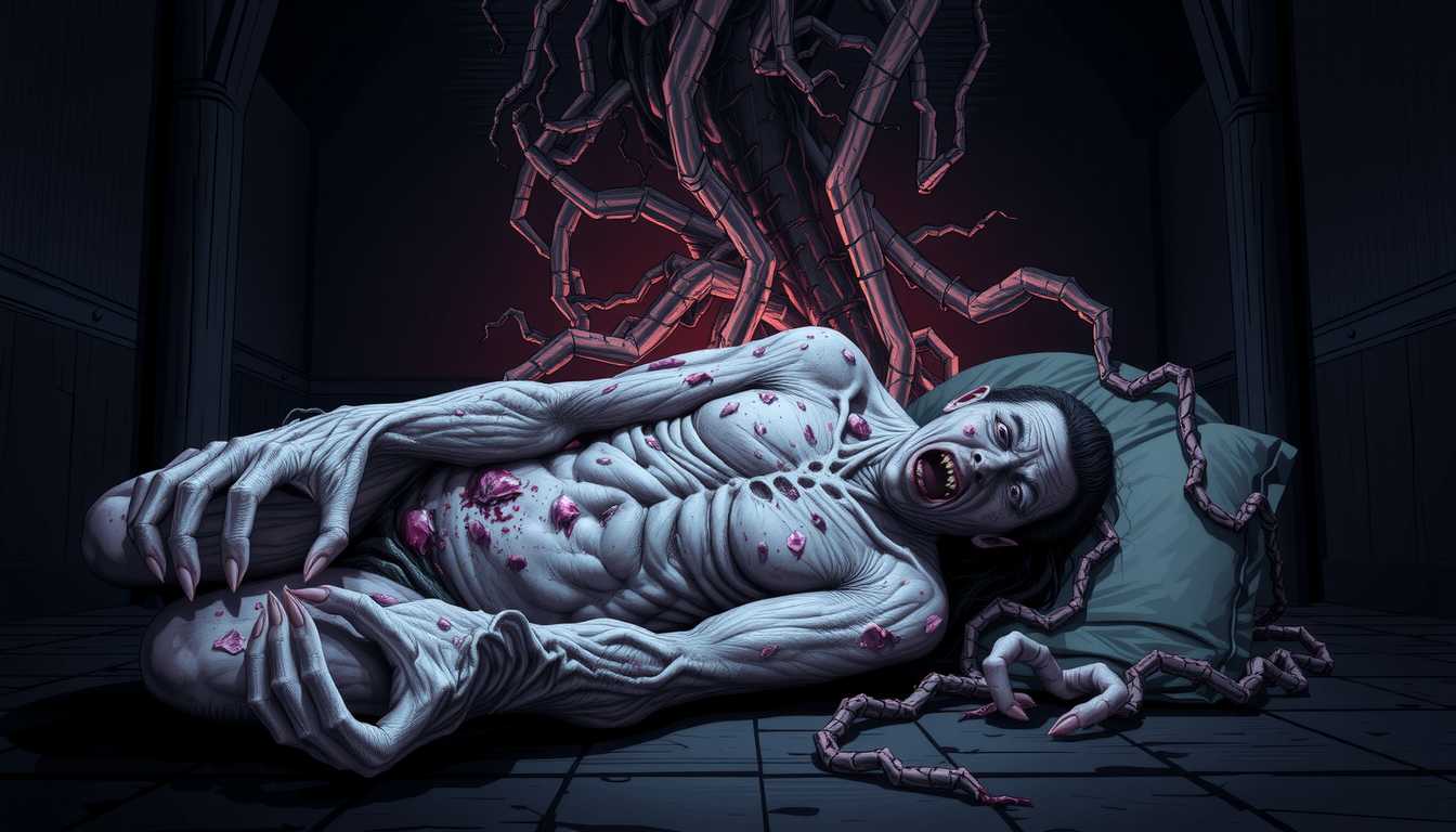 In Style of COS, A 384-bit pixel highly detailed graphic illustration of Thaddeus Gardner lying slumped in the corner of a dark, twisted room. His body is contorted in agony, and his eyes are wide with terror. His skin has a faint, unnatural glow, and patches of it are bubbling and deforming. His hands are misshapen, with fingers twisting at impossible angles. The walls behind him are warping and pulsating with color. The ultra-sharp pixel graphics bring out the sharp, agonizing details of his form, the glistening deformities on his body, and the unnatural, shifting light that fills the room.
