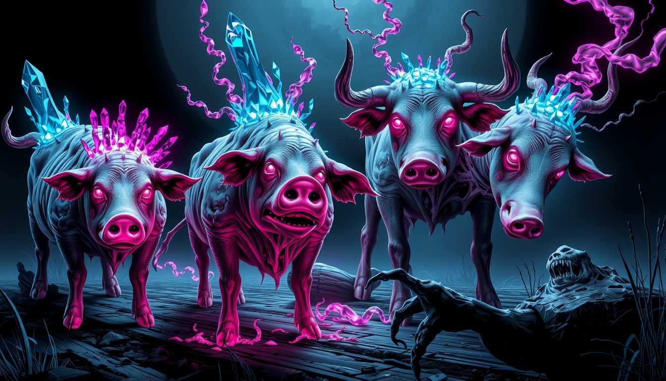 In Style of COS, Ultra Sharp Details, 384-bit Pixel Graphic Illustration: The pigs have mutated into horrifying forms, their skin stretched and torn as crystalline tumors erupt from their backs and legs. Their snouts have twisted into malformed, grotesque shapes, and their eyes glow with the same unnatural light as their surroundings. The cows stand hunched and broken, their flesh turning translucent in places, revealing bones and organs that pulsate with the colors—violet, magenta, and cyan—seeping through their veins. Tendrils of glowing crystal emerge from their mouths and eyes, wrapping around their distorted forms.
