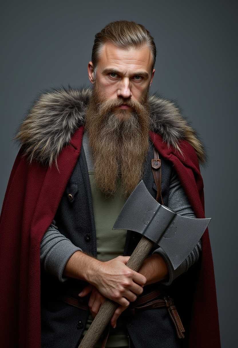 a photo of WLTZ man, looking like a viking, holding a battle axe