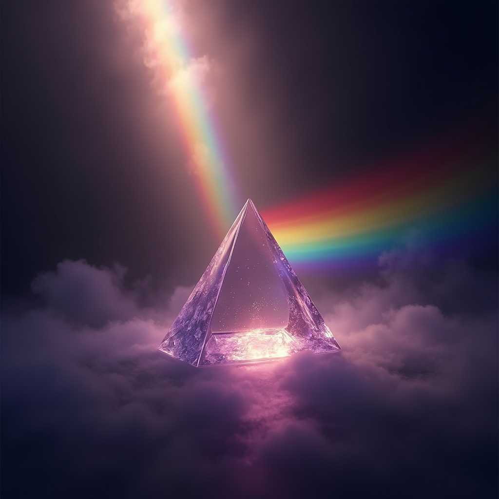 on a deep dark background of faint, gently swirling dark purple mists, a large glass prism, in the shape of a triangle, breaks apart a single shaft of sunlight into all the colors of the rainbow.  The ray of sunlight comes in from the left and the rainbow is on the right