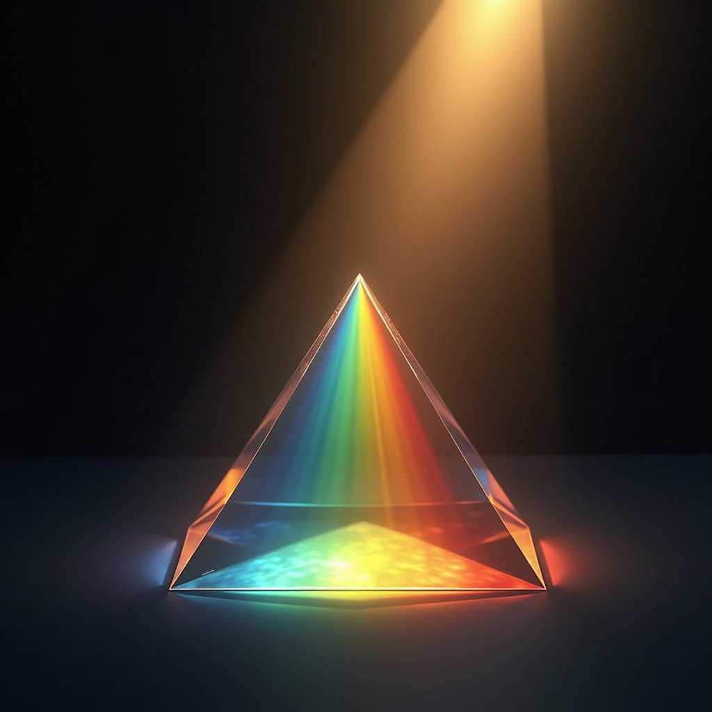 A large glass prism in the shape of an equilateral triangle catches a single shaft of sunlight against a deep, dark background. The prism is expertly polished with sharp edges and smooth surfaces, refracting the light into a radiant spectrum of colors. Rays of red, orange, yellow, green, blue, indigo, and violet cascade outward in a fan-like display, each beam distinct and vivid. The background is a gradient of deep, shadowy blacks and dark indigo, accentuating the brilliance of the rainbow. The sunlight, entering from the top left corner, is a warm, golden hue, creating a dynamic interplay between the light and the dark surroundings. The prism is centered in the composition, with a slight tilt to capture the light perfectly. The atmosphere is one of serene beauty and scientific marvel, with the play of light illustrating the wonders of optical physics in an almost magical manner. High-definition, hyper-realistic, with intricate details on the glass surfaces and impeccable color accuracy.