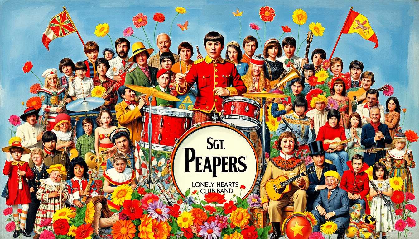 This image is the cover of Sgt. Peppers Lonely Hearts Club Band, an album by The Beatles. The art style is a collage, with a vibrant and colorful depiction of a variety of characters and objects. The medium appears to be a painted canvas, as the brush strokes and texture are visible.The colors are bright and bold, with a predominance of red, blue, yellow, and green. The palette is reminiscent of the 1960s, with a nostalgic and whimsical feel. The characters are dressed in costumes that reflect the era, with a mix of military, circus, and other eclectic outfits.The central figure is a drum set with the albums title, Sgt. Peppers Lonely Hearts Club Band, written on it. Surrounding the drum set are numerous other characters, including historical figures, celebrities, and fictional characters. They are arranged in a tiered fashion, with some standing and others seated, creating a sense of depth.The objects in the image include instruments like guitars, a trumpet, and a trombone, which are indicative of a musical theme. There are also flowers, a guitar pick, and a microphone stand, which further emphasize the musical aspect of the album. The overall composition is playful and imaginative, capturing the essence of the albums concept.The characters and objects are arranged in a way that suggests a celebration or a gathering, with a sense of joy and whimsy. The image is a tribute to the diversity of music and the impact of The Beatles album on popular culture.