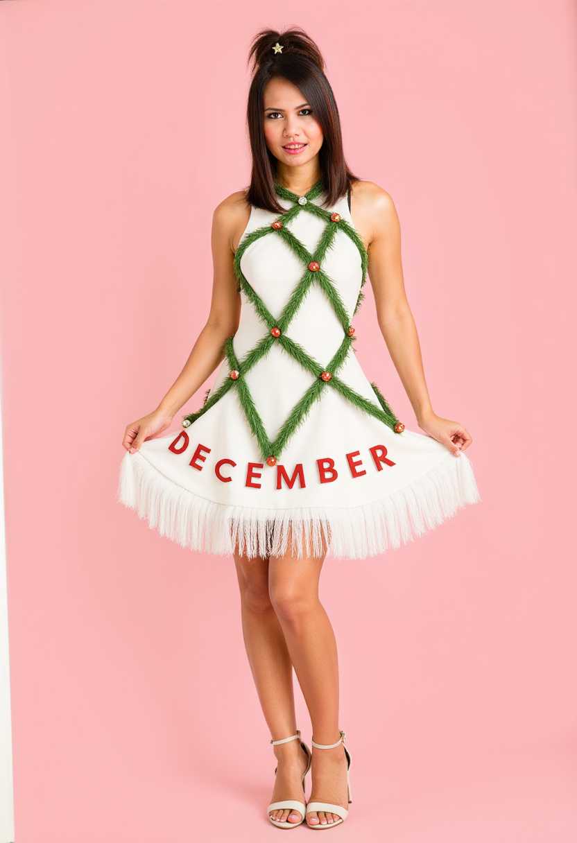 This image features a person dressed in a whimsical Christmas treethemed outfit. The art style is reminiscent of a vintage or retro fashion illustration, with a focus on the subject and their attire against a simple background. The medium appears to be a painted or digitally created image, given the smooth color gradients and lack of texture.The colors in the image are bright and festive, with a dominant pink background that sets off the subjects outfit. The dress is predominantly white, with green accents that mimic the branches of a Christmas tree. The greenery is detailed with small, red baubles that resemble ornaments, and the dress is finished with a fringe of white tinsel at the hem, which also spells out the word DECEMBER in block letters.The subjects hair is styled in a voluminous, teased fashion, topped with a star accessory that complements the overall Christmas theme. The person is wearing a pair of highheeled sandals, which add a touch of elegance to the playful outfit. The overall effect is a humorous and eyecatching representation of holiday fashion.