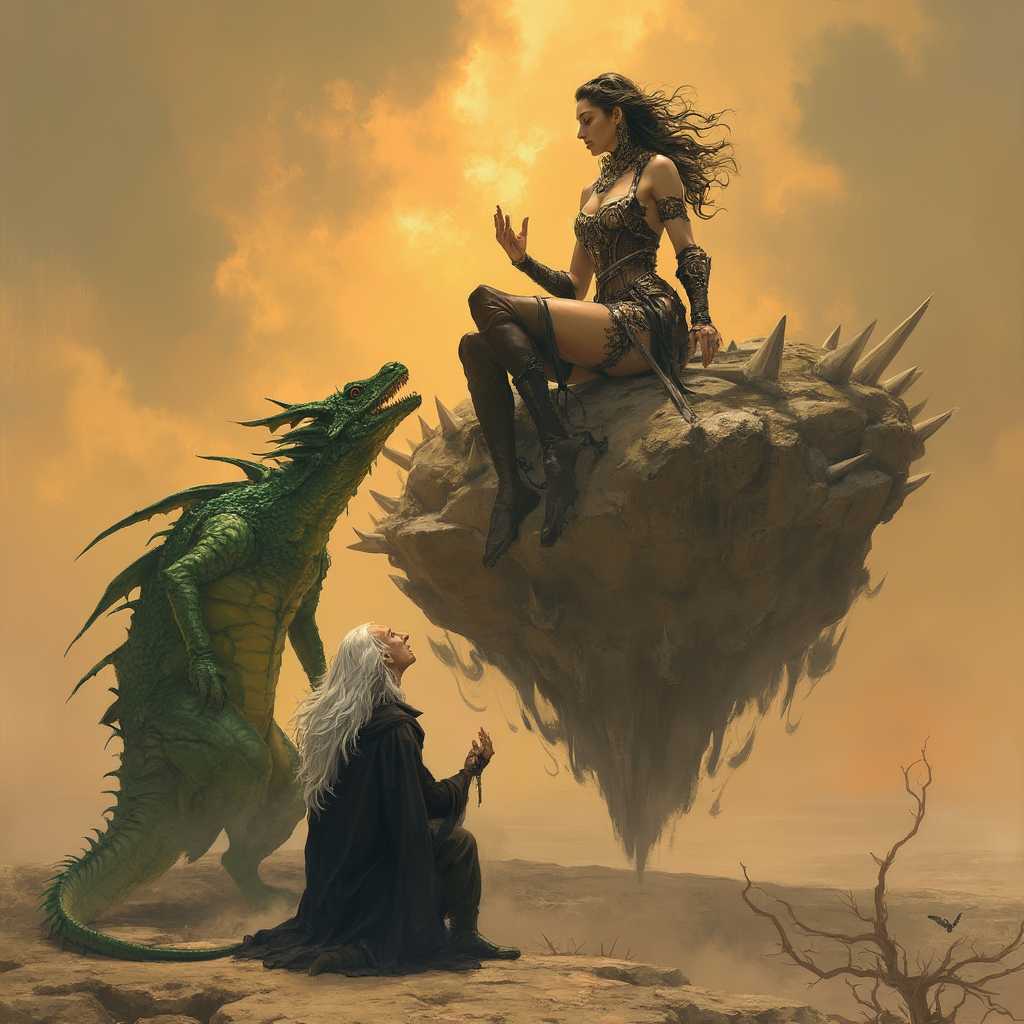The image depicts a fantasy scene with two main subjects a female warrior and a male figure.The female warrior is seated atop a floating rock formation, which is adorned with spikes and guarded by a menacing green dragon. She is wearing a formfitting, armored bodice with a low neckline, paired with a matching skirt that ends just above her knees. Her attire is richly detailed with metal accents and jewelry, suggesting a status of power or nobility. Her hair cascades in waves, and her expression is one of fierce determination. The warriors left hand grasps a weapon, while her right hand is extended, as if she is either commanding the dragon or gesturing to the male figure.The male figure is kneeling on the ground, his posture submissive or pleading. He is dressed in a dark robe with a hood, and his hair is long and white, which could signify age or perhaps a magical status. His hands are raised in a gesture that seems to be a mix of supplication and surrender. His attire is simple compared to the warriors, and he seems to be in a state of awe or fear.The interaction between the two figures is tense, with the warrior exuding dominance and the male figure displaying a mix of respect and submissiveness. The dragons presence adds to the ominous atmosphere, implying that the warrior has some form of control over the creature or that it is loyal to her. The setting is a barren landscape with a warm, orange sky, which could suggest a desert or a setting sun, adding to the dramatic and possibly apocalyptic nature of the scene.