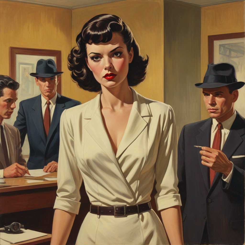 This is a vintage illustration that captures a moment of tension and drama. The art style is reminiscent of mid20th century pulp fiction covers, characterized by bold lines, dramatic poses, and a sense of narrative tension. The medium appears to be oil or acrylic paint, given the texture and richness of the colors.The subject of the image is a woman dressed in a red blouse with a gathered bust and a high waist, cinched at the waist with a wide belt adorned with a row of buckles. She is wearing blue jeans and black cowboy boots. Her hair is styled in a periodappropriate fashion, swept up in a voluminous bouffant hairstyle.The woman is seated on the ground with her back against a wooden wall. Her hands are bound behind her back with a rope tied in a bow, and her legs are similarly bound at the ankles. The rope is a natural color, which contrasts with the bright red of her blouse and the deep blue of her jeans. Her expression is one of concern and resignation, with her eyes looking upward and her mouth slightly open as if she is gasping or speaking.In the foreground, there is a pile of hay, which adds to the rural setting of the scene. The hay is a light golden color, and it is scattered in a way that suggests it has been recently disturbed. The floor is a dark brown, which complements the wood tones of the wall and the natural color of the rope.On the right side of the image, there is a blurred object that appears to be a saddle or a piece of equestrian equipment, hanging on the wall. This suggests that the setting might be a stable or a rural farmstead.The overall color palette of the image is warm and earthy, with a predominance of red, blue, brown, and golden tones. The lighting is dramatic, with a strong shadow cast on the wall behind the woman, emphasizing the depth and dimension of the scene. The composition is balanced, with the woman positioned centrally and the objects in the background providing context to the setting.