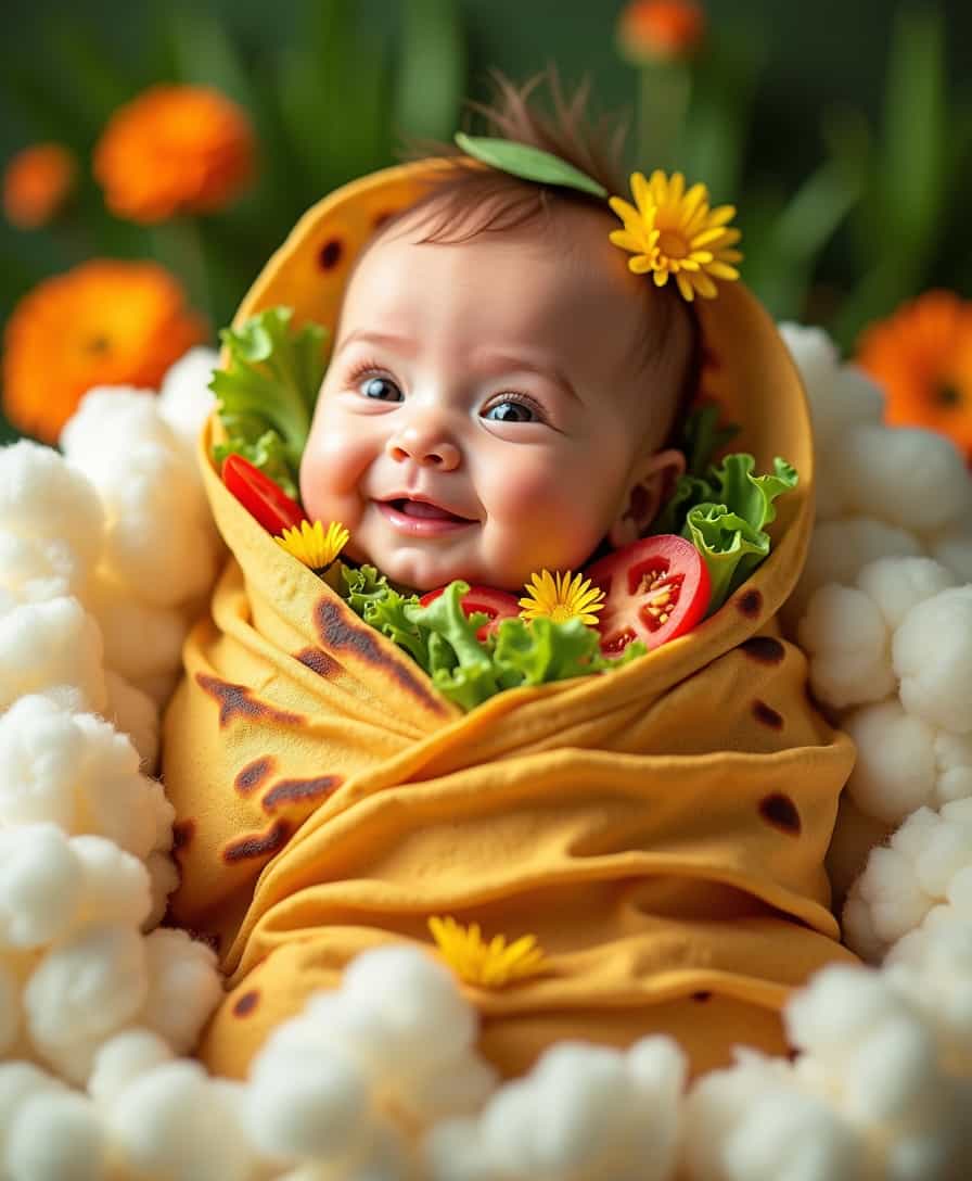 This image is a charming and whimsical portrayal of a baby wrapped in a tortilla, which is a staple in Mexican cuisine. The baby is lying on a soft, fluffy surface that resembles a cloud or a pile of cotton, which adds to the dreamy and playful nature of the scene.The tortilla is toasted to a goldenbrown, with a few charred spots, giving it a crispy texture. The baby is nestled snugly within the tortilla, which is adorned with a variety of fresh, vibrant vegetables such as lettuce, tomatoes, and bell peppers, adding pops of red, green, and yellow to the composition. The vegetables are arranged in a way that they look like a colorful salad, which contrasts with the warm tones of the tortilla.The babys head is peeking out from the top of the tortilla, and it has a joyful expression with wide, sparkling eyes and a smile that seems to radiate happiness and contentment. The babys hair is a light brown color, and it is sprinkled with a few green leaves and bright yellow flowers, which add a touch of nature and whimsy to the scene.The background of the image is softly blurred, with hints of orange and yellow flowers, which complement the colors of the vegetables and the babys hair. The flowers are set against a backdrop of green foliage, which suggests a garden or a natural setting.The overall art style of the image is playful and imaginative, with a touch of surrealism. The medium appears to be a photograph, as it captures the textures and details of the subject matter with clarity and realism. The colors are bright and saturated, with a warm palette that evokes a sense of comfort and joy. The composition is balanced and inviting, with the baby at the center, surrounded by the elements of food and nature, creating a harmonious and delightful scene.