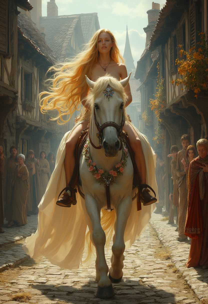 A magnificent scene depicting Lady Godiva riding through the medieval streets of Coventry, England. **Visual Details**: Lady Godiva is portrayed with as naked, with flowing, golden hair cascading around her, completely covering the front of her body,  and wearing nothing but a serene, determined expression. Her skin is fair, glowing softly in the gentle morning sunlight that filters through the hazy medieval streets. Her horse is a regal, white steed, its coat glistening and its mane braided with delicate, floral garlands. Cobblestone streets line her path, with worn, ancient stones interspersed with patches of moss. **Style**: Renaissance painting with detailed textures and lifelike quality, using soft brush strokes and rich, earthy tones. **Composition**: Lady Godiva is centrally positioned, riding side-saddle, with the medieval cityscape spreading out around her. The houses and buildings are half-timbered, with thatched roofs and wooden shutters, creating an authentic medieval atmosphere. The scene is framed from a slightly elevated angle, giving a comprehensive view of both Lady Godiva and the unsuspecting townsfolk peeking from behind their shutters and doorways. **Mood and Atmosphere**: The mood is one of quiet reverence and historical significance, capturing a moment of bravery and self-sacrifice