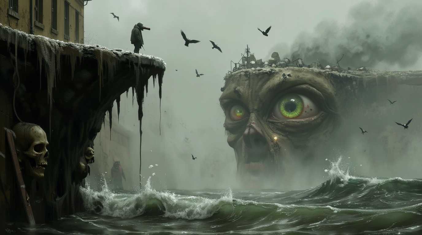 masterpiece, best quality, highres, sharp image, more detail, glowning lanterns, eerie objects, masterCreate a surreal and atmospheric scene with a blend of fantasy and horror elements. *light tower with light beams*, screaming voltures, particles in the air, gold dust, transparent objects, transluscent transparent green water with big waves and with volumetric light, Include a towering cliff with icicles and moss, screaming skulls carved into the rock, and a mysterious, lone figure standing on the edge overlooking a tumultuous sea. In the misty background, a massive, alien eye surveys the scene,  its iris a swirling green with hints of yellow and orange. Birds fly through the fog, adding to the eerie ambiance. The colors are moody and muted, with greys, blues, browns, and touches of green and yellow. The lighting is dramatic, with the eye being the focal point, surrounded by a halo of light that sets it apart from the mist. The green transluscent transparent waves crash against the rocks, and the overall mood is one of foreboding and otherworldly mystery.piece, best quality, highres, sharp image, more detail <lora:more_details:0.5> <lora:SDXLrender_v2.0:1>