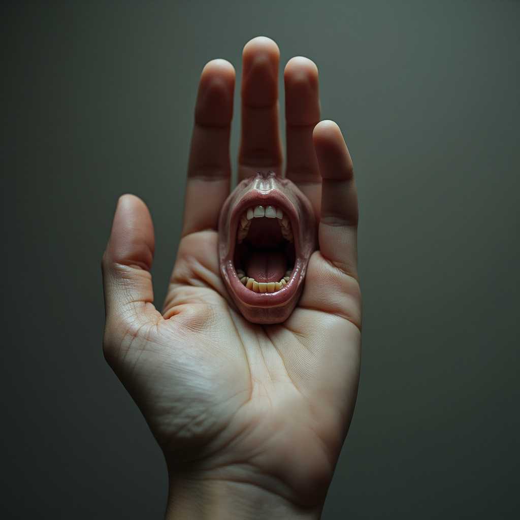 A high-resolution photograph of a human hand, centered in the frame and positioned palm facing forward. The hand is lit with soft, diffused lighting to highlight the skin texture and fine details, such as lines and creases. Embedded in the middle of the palm is a surreal, realistic human mouth, slightly open, with visible teeth, lips, and a hint of the tongue. The skin around the mouth seamlessly blends into the palm, creating an uncanny and surreal effect. The background is out-of-focus, neutral gray to ensure the hand and mouth remain the focal point. The overall mood is eerie and mysterious, evoking a sense of the uncanny. The image should have a shallow depth of field, ensuring only the hand and the mouth are in sharp focus, while the background remains blurred. Use macro photography techniques to magnify the details and textures of the hand and mouth.