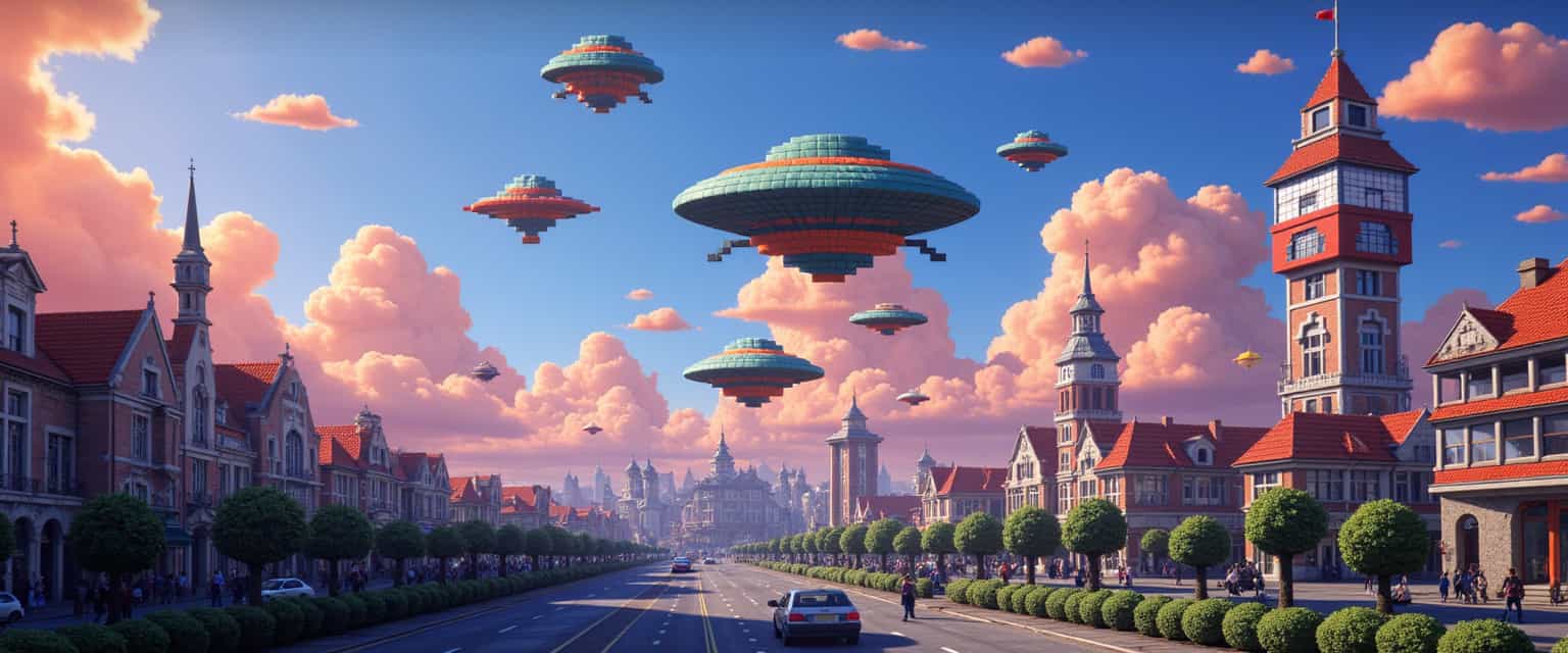 crt style, 1nv4d3r , ufolora, ghiblistyle, ufo are massively arriving in the sky, big city in the background