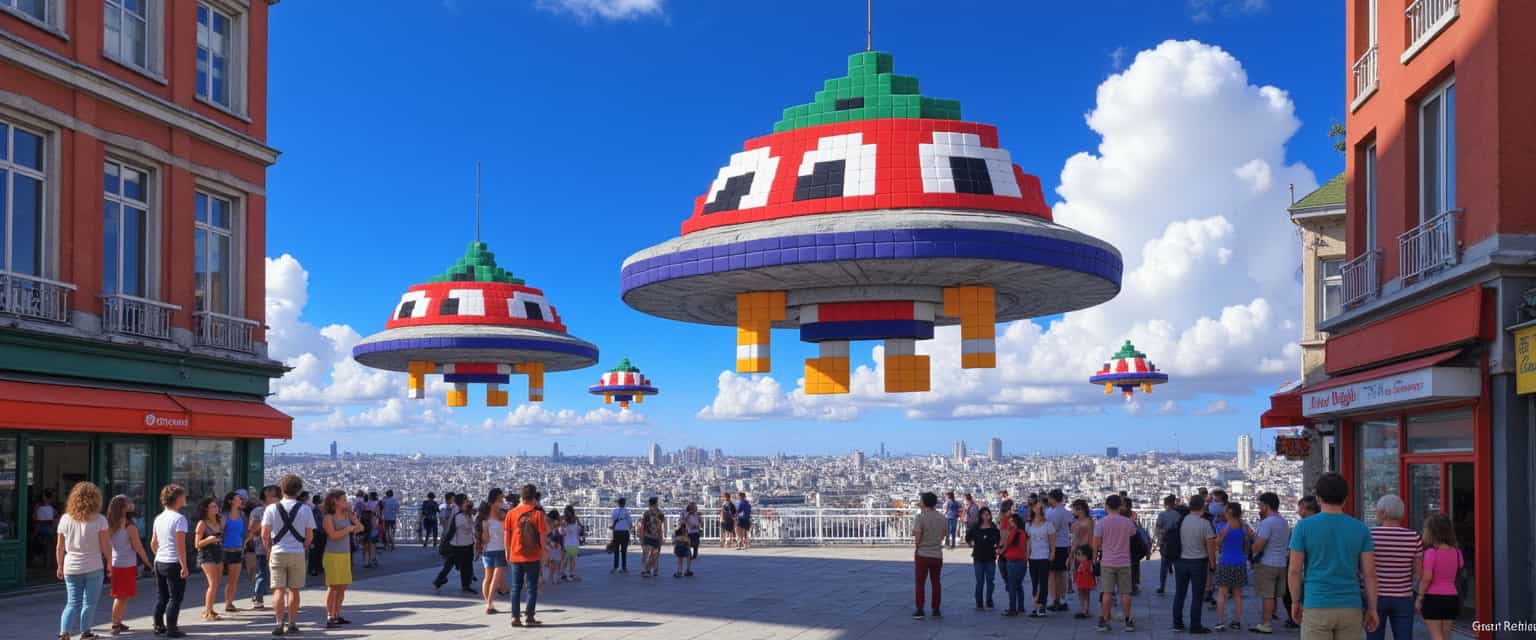 crt style, 1nv4d3r , ufolora, ghiblistyle, ufo are massively arriving in the sky, big city in the background