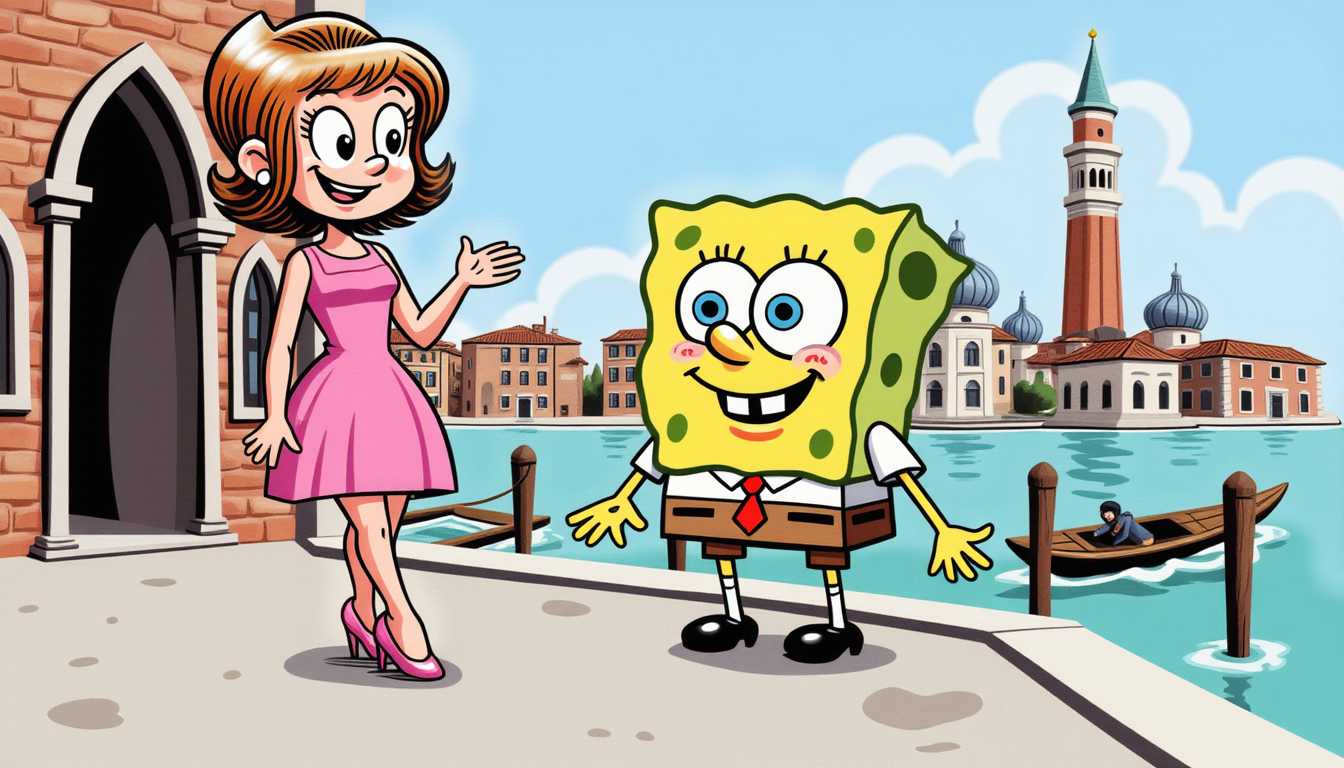 cartoon, girl visits Venice with spongebob squarepants