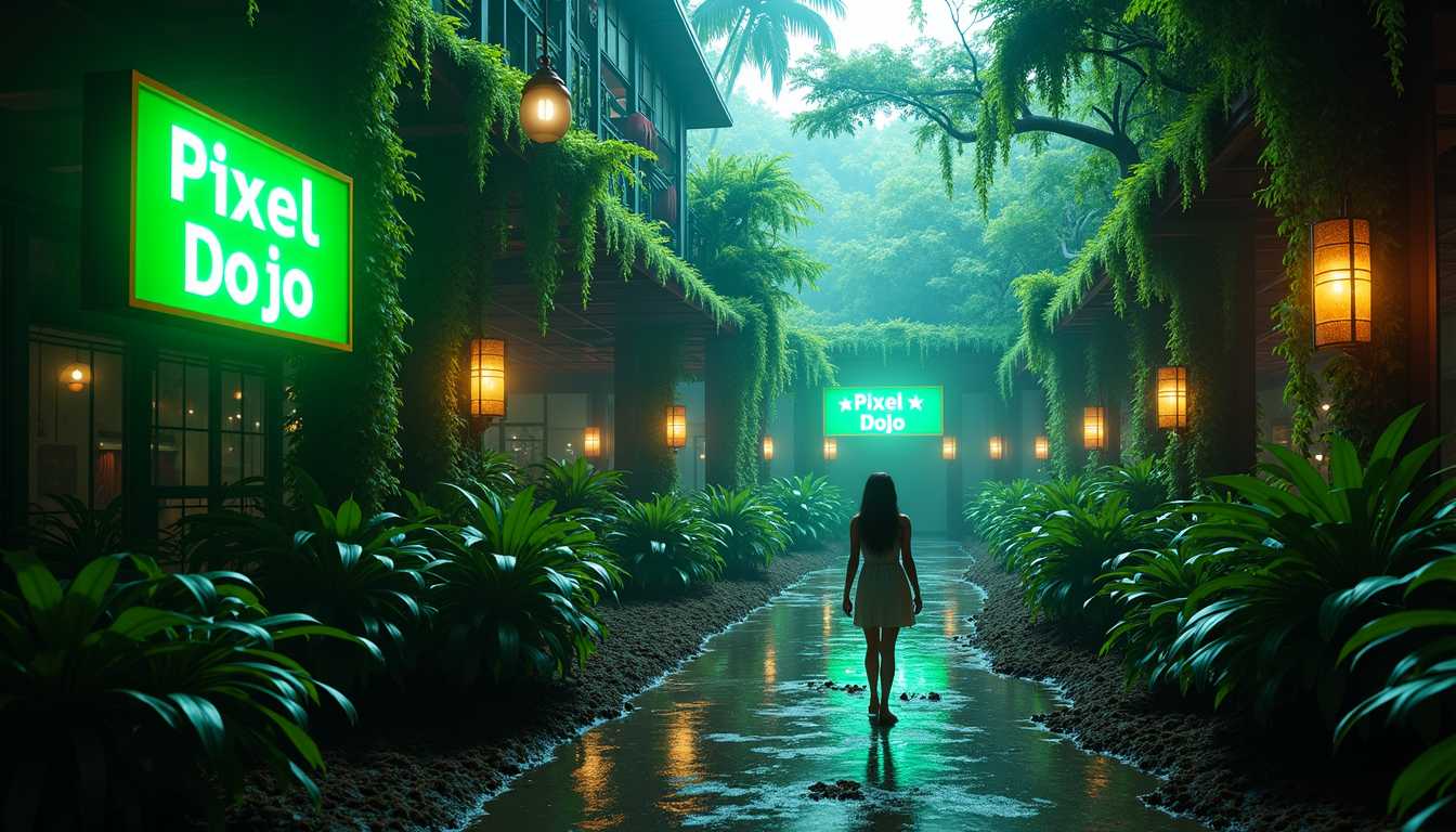 masterpiece, best quality, highres, sharp image, more detail, sighn says "Pixel Dojo" *Pixel Dojo* all many sighns says pixel Dojo, to the right, other sighn says Pixel Dojo the other way, 4 more sighns says Pixel Dojo different wways, all sighns are neon
A photorealistic image of a woman walking through an overgrown amusement park, where lush jungle vegetation has taken over. The scene is highly detailed with a high contrast. The woman, dressed casually, is positioned slightly off-center to the right, walking away from the viewer. The camera angle is at eye-level, capturing the intricacies of the decaying amusement park rides entwined with vibrant green vines and exotic plants. To the left, a green neon sign reads "Pixel Dojo," its glow casting an eerie light over the surrounding foliage. The atmosphere is humid, the air thick with a sense of abandonment yet brimming with life. Film grain adds texture, enhancing the photorealism and evoking a nostalgic, cinematic quality. The overall mood is mysterious and slightly surreal, as if nature has triumphantly reclaimed its territory.