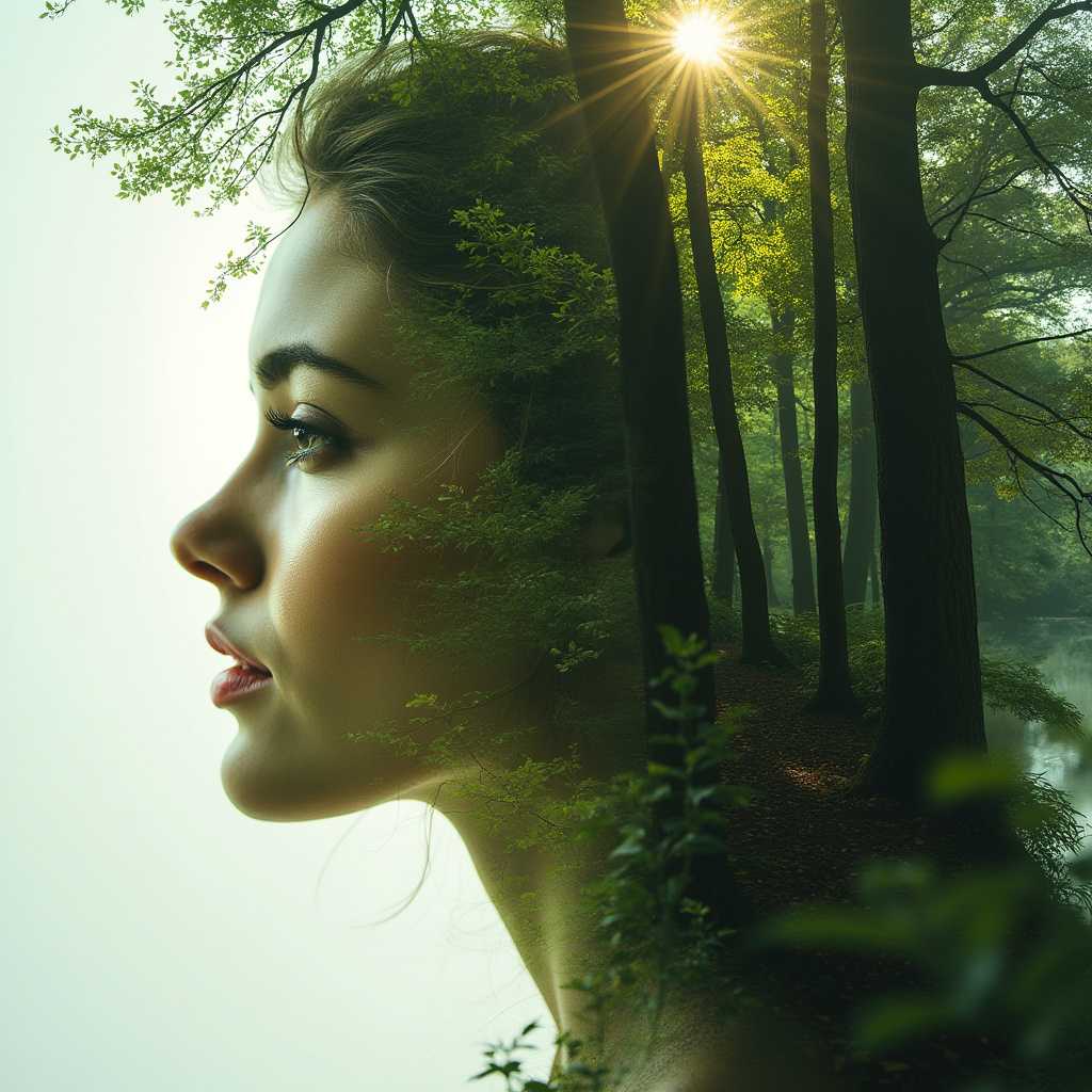 Double exposure image featuring a beautiful woman and a lush forest. The woman's face, serene and ethereal, is central to the composition, seamlessly blending with verdant forest scenes. Her flowing hair transitions into tree branches and foliage, creating a captivating fusion of human and nature. Soft, diffused lighting enhances the dreamlike quality, with sun rays filtering through the trees and illuminating her features. The color palette includes rich greens, earthy browns, and subtle highlights of golden sunlight. The background layers showcase dense tree canopies, textured tree bark, and dappled forest floor, adding depth and dimension. The mood is tranquil and harmonious, suggesting a deep connection between the woman and the natural world. The overall style combines elements of fine art photography and surrealism, with an emphasis on smooth blending and intricate details.