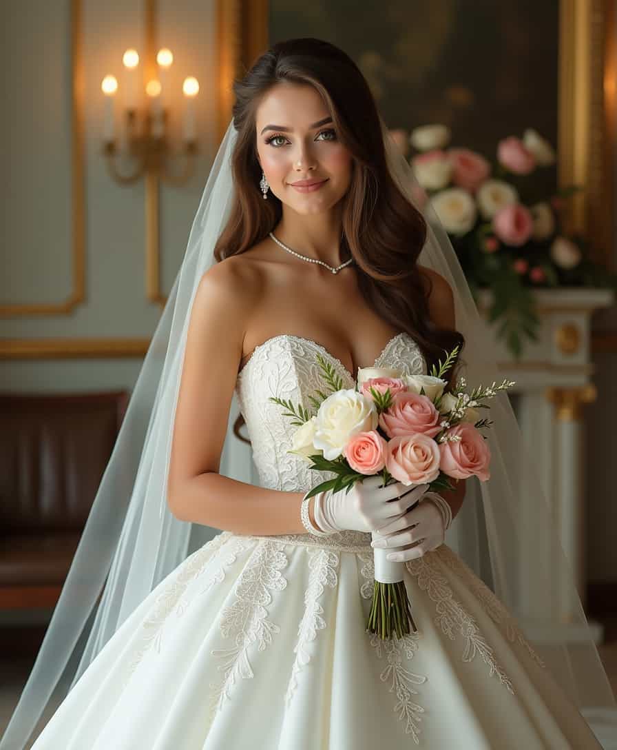 In the photograph, a young woman stands poised in an elegant wedding dress, embodying a blend of romantic allure and girl-next-door charm. Her long, flowing hair cascades over her shoulders, partially obscured by a delicate, lace-trimmed veil that adds a touch of ethereal beauty. She gazes directly at the viewer with a seductive smile, her cheeks subtly flushed with a natural blush. Her eyes, bright and inviting, draw the viewer in, creating an intimate connection. The dress itself is a masterpiece of craftsmanship, strapless and adorned with intricate lace patterns and floral prints that flow seamlessly into the voluminous skirt. The skirt is lifted slightly, revealing her bare thighs and the top of her thigh-high stockings, held in place by a delicate garter belt. Her cleavage is tastefully accentuated by the sweetheart neckline, adding a hint of sensuality to her bridal elegance. She holds a bouquet of fresh flowers, their vibrant colors contrasting beautifully with the soft white of her dress. Her hands, clad in pristine white gloves, grip the bouquet with a gentle grace. The soft lighting enhances the romantic atmosphere, casting a gentle glow on her skin and creating subtle shadows that highlight her feminine curves. The background is a detailed indoor setting, perhaps a grand hall or a lavishly decorated room, with floral arrangements and elegant furnishings that complement the bride's beauty. The soft shading and careful composition of the photograph draw the viewer's attention to her face and upper body, making her the undeniable focal point of the image. She wears a delicate necklace and matching earrings, adding a touch of sparkle to her overall look. Her high heels, peeking out from beneath the hem of her dress, complete the ensemble, adding a final touch of sophistication to her graceful appearance.