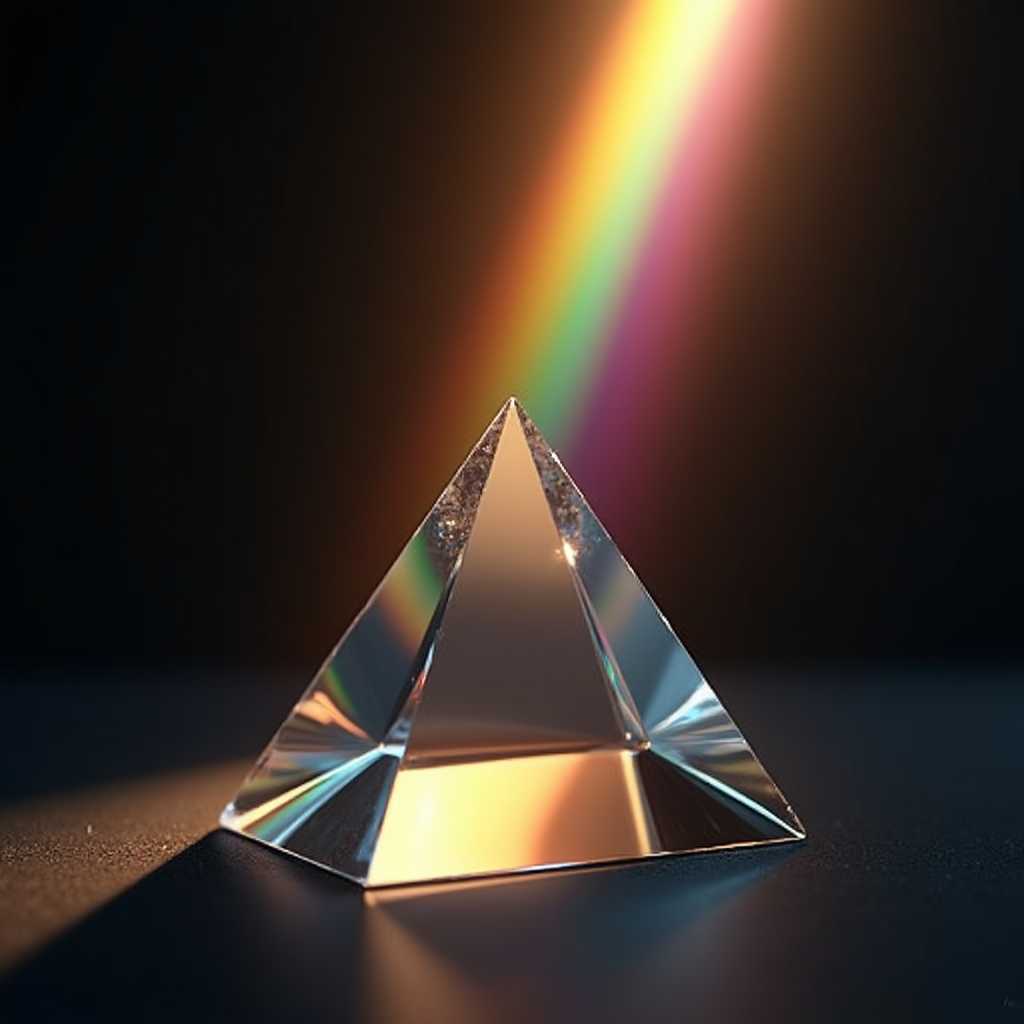 A large glass prism in the shape of an equilateral triangle catches a single shaft of sunlight against a deep, dark background. The prism is expertly polished with sharp edges and smooth surfaces, refracting the light into a radiant spectrum of colors. Rays of red, orange, yellow, green, blue, indigo, and violet cascade outward in a fan-like display, each beam distinct and vivid. The background is a gradient of deep, shadowy blacks and dark indigo, accentuating the brilliance of the rainbow. The sunlight, entering from the top left corner, is a warm, golden hue, creating a dynamic interplay between the light and the dark surroundings. The prism is centered in the composition, with a slight tilt to capture the light perfectly. The atmosphere is one of serene beauty and scientific marvel, with the play of light illustrating the wonders of optical physics in an almost magical manner. High-definition, hyper-realistic, with intricate details on the glass surfaces and impeccable color accuracy.