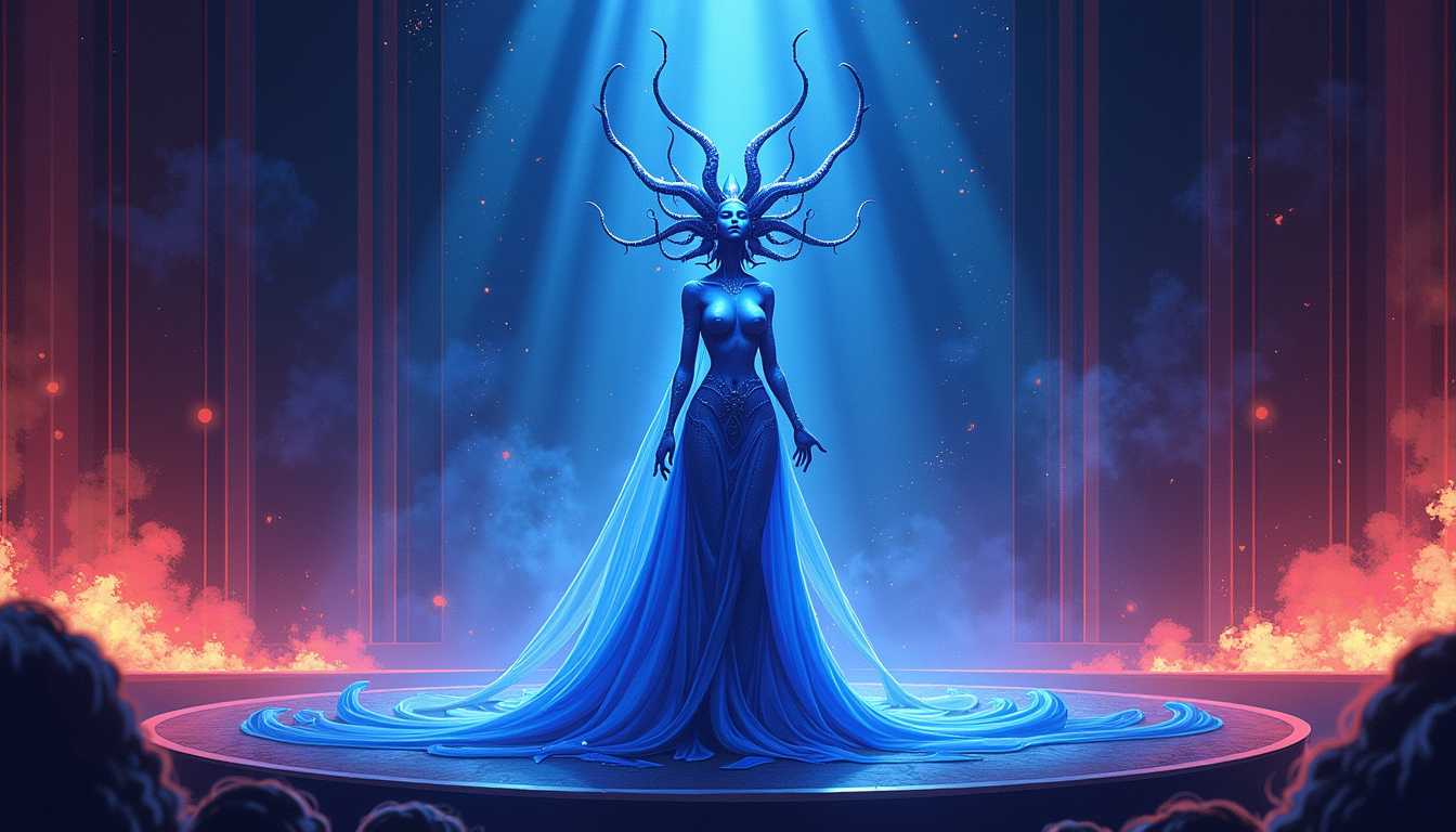 CNSTLL, Ultra Sharp & Detailed 256-bit Pixel Art Style, Graphic Novel illustration: A grand opera stage with deep blues and purples glowing around the ethereal figure of the Diva Plavalaguna. She stands tall, her flowing blue skin shimmering as she sings. Spotlights illuminate her face while her tentacle-like head ornaments gracefully sway. Behind her, the stars of space are visible through a large window, and the energy of her voice creates waves of sound radiating outward, rippling the air. Her performance builds, intensifying into a visual crescendo, the colors blending with fiery reds and oranges.