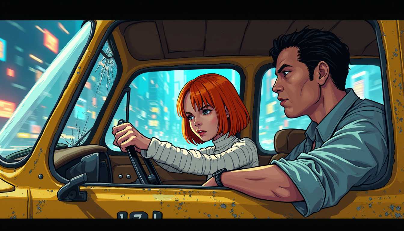 CNSTLL, Ultra Sharp & Detailed 256-bit Pixel Art Style, Graphic Novel illustration: Inside the taxi, Korben Dallas grips the steering wheel tightly, his knuckles white as he regains control of the swerving vehicle. The cracked windshield offers a distorted view of the city’s neon skyline as Leeloo, still wrapped in her minimal white bandages, pulls herself up from the back seat. Her vivid orange bob haircut shines under the taxi’s dim lights. She locks eyes with Korben, a moment of silent understanding passing between them amid the chaos. Outside, the city blurs past, with flying cars zooming and the glow of digital billboards reflecting off the taxi’s worn yellow paint. Inside, the tension is palpable, as Korben realizes this stranger is about to turn his world upside down. Leeloo’s intense gaze shows a mixture of innocence and danger as the weight of their shared destiny begins to sink in.