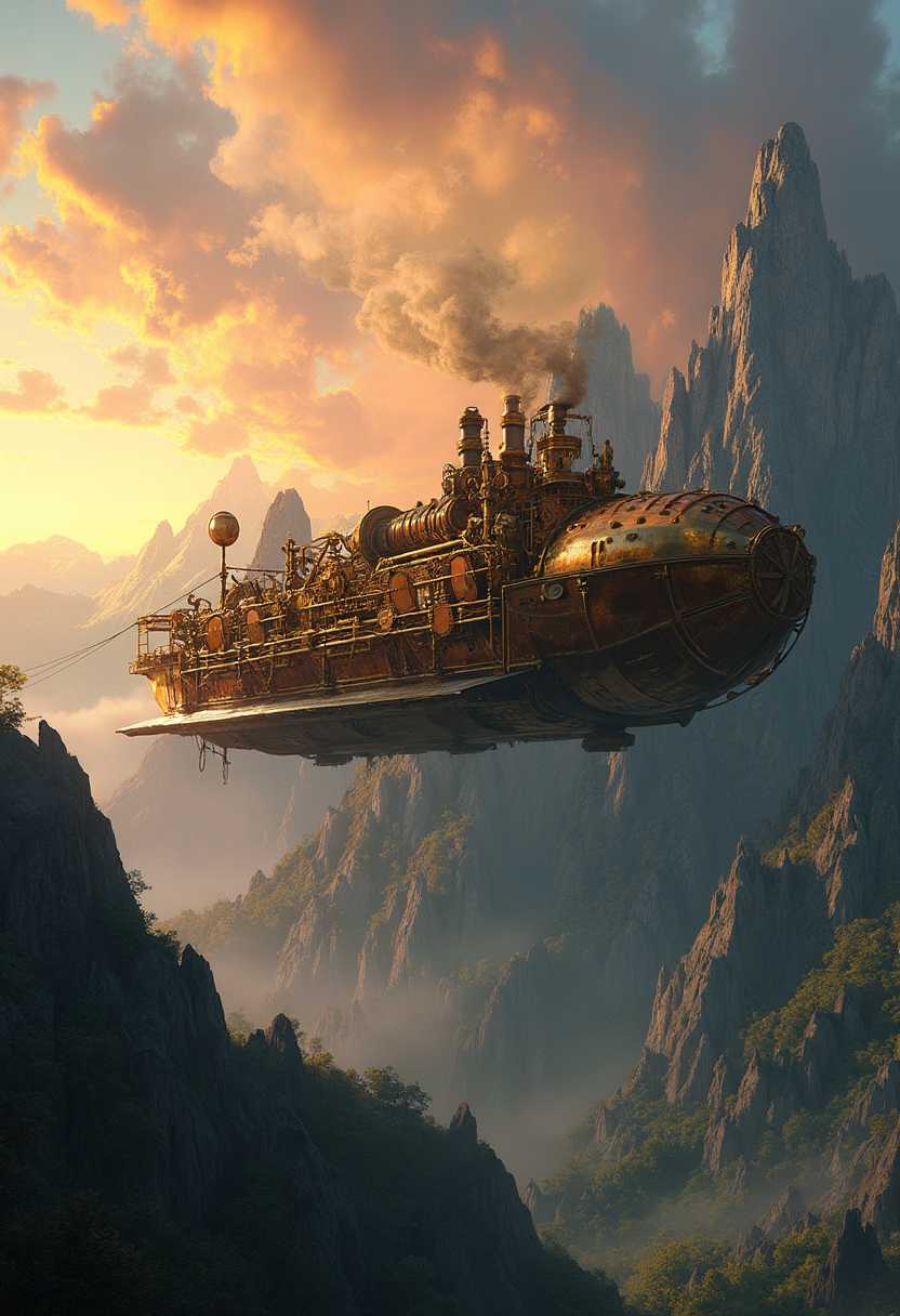 Steampunk airboat floating majestically over a rugged mountain range, <lora:EldritchMixIllustration_1.0:1>. The scene is rendered in high quality, 8k resolution, with intricate metallic details and gears adorning the airboat. Dramatic shadows cast by the setting sun heighten the atmospheric depth, as warm hues of orange and gold wash over the landscape. The airboat features elaborately designed brass and copper plating, intricate clockwork mechanisms, and billowing steam. The sky is painted in rich, warm colors, with a few wisps of clouds adding texture. The mountains below are craggy and awe-inspiring, covered in patches of lush greenery and jagged rocks. <lora:extremely_detailed:1>, capturing every minute detail from the rivets on the airboat to the varied textures of the mountain terrain. The composition is balanced with the airboat central and slightly elevated, giving a sense of grand adventure and exploration. The overall mood is one of discovery and the grandeur of innovation set against the timeless majesty of nature.