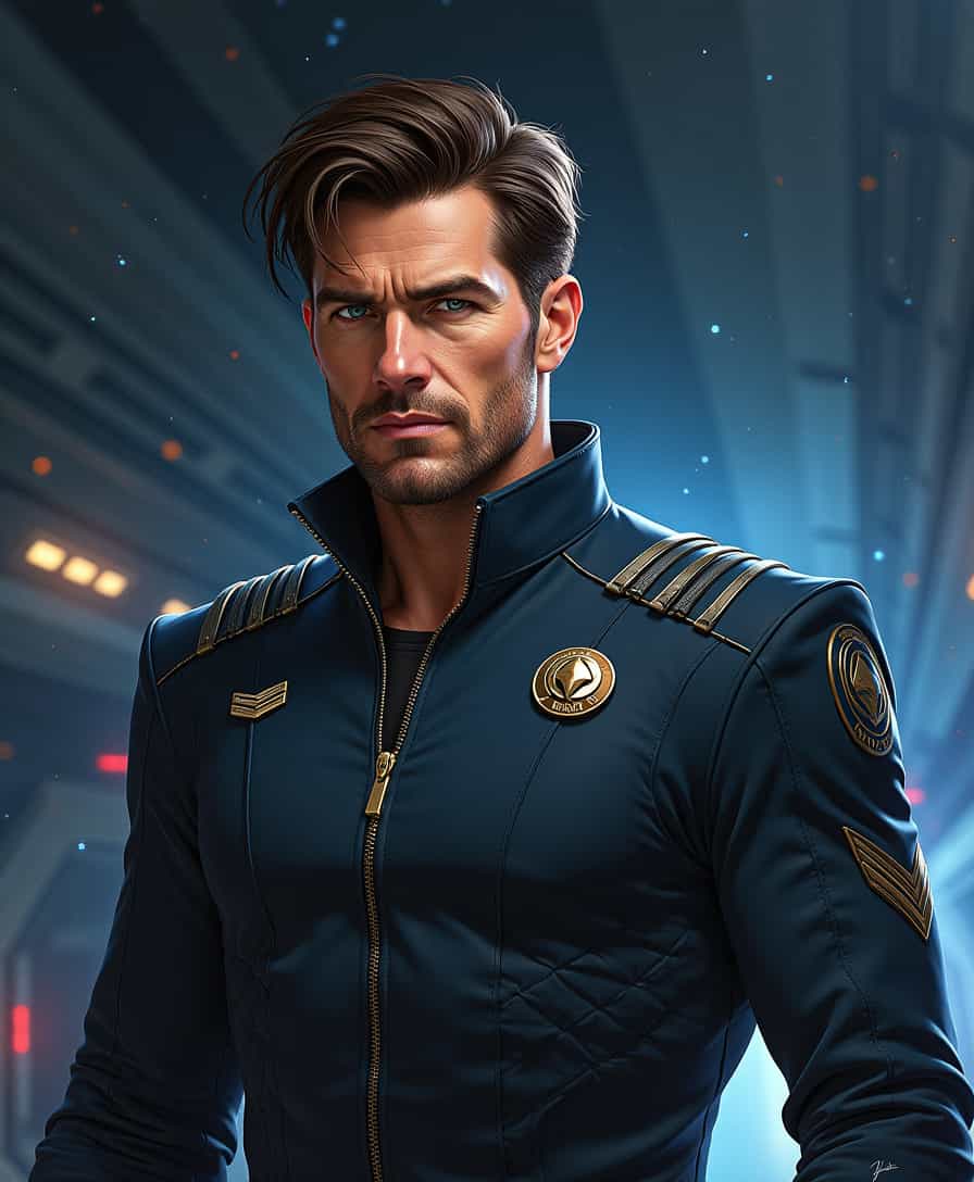 **Subject**: Captain Kael Blackwood

**Visual Description**: Capture the essence of Captain Kael Blackwood, a formidable figure with a rugged yet chiseled physique, honed from years of combat training and space exploration. His piercing deep blue eyes reflect both intelligence and experience, while his dark, rich brown hair, often styled in a practical yet stylish manner, adds to his commanding presence. A small but noticeable scar above his left eyebrow signifies his many adventures and battles. 

**Artistic Style**: Illustrate in a highly detailed, realistic style akin to classic sci-fi artwork. The visual rendering should evoke the texture and lighting similar to an epic space opera movie poster, with meticulous attention to facial features and attire.

**Composition**: Position Kael standing confidently in the center of the frame, with a heroic posture. The camera angle should be slightly low, emphasizing his stature and leadership qualities. The background should suggest a futuristic setting, perhaps a starship command center or a celestial battlefield, with distant stars and galaxies visible.

**Mood and Atmosphere**: Convey a mood of resolve and determination, with a hint of the deep emotional depth and empathy Kael possesses. The lighting should be dramatic, with strong contrasts and shadows that highlight his sharp features and