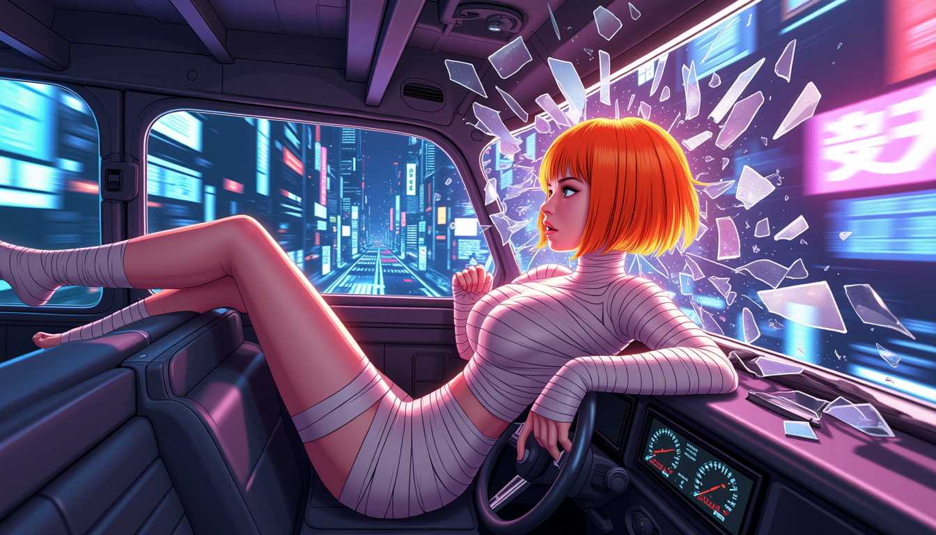 Style of LEL, An Ultra Sharp Detailed 256-bit Pixel Art and Graphic Illustration render of Leeloo in a freefall. She has a vibrant orange bob haircut and is wrapped in minimal, white bandages. Leeloo is crashing through the roof of Korben's wheel-less flying taxi. The moment of impact is explosive, with the windshield shattering into thousands of glass shards. Korben grips the steering wheel and looks up in shock. The city below blurs with neon lights and towering skyscrapers.