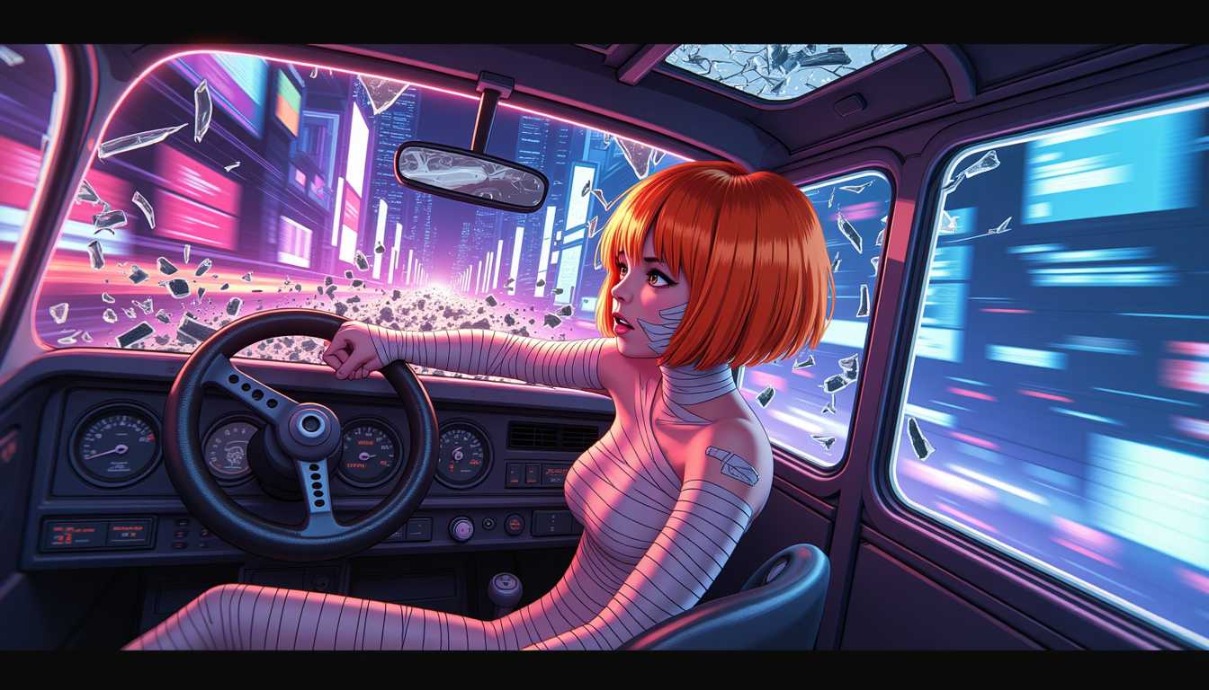 Style of LEL, An Ultra Sharp Detailed 256-bit Pixel Art and Graphic Illustration render of Leeloo in a freefall. She has a vibrant orange bob haircut and is wrapped in minimal, white bandages. Leeloo is crashing through the roof of Korben's wheel-less flying taxi. The moment of impact is explosive, with the windshield shattering into thousands of glass shards. Korben grips the steering wheel and looks up in shock. The city below blurs with neon lights and towering skyscrapers.