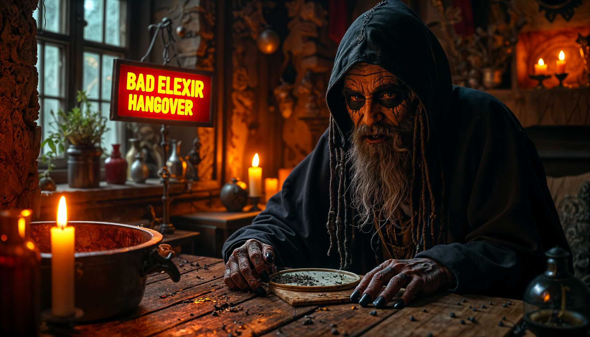 masterpiece, best quality, highres, sharp image, more detail <lora:more_details:0.5> <lora:SDXLrender_v2.0:1>, "orange glowing text sign that reads "Bad Elexir Hangover" 
Black raven++, black cat++, ambient glow of flickering candles and dim lanterns. These light sources cast soft, wavering shadows across the space, giving it an intimate and mysterious atmosphere. The few windows present are shrouded in darkness, revealing nothing but the pitch-black void of the night outside. Black cats,  The inky blackness beyond the glass adds a sense of isolation, as if the room is cut off from the world, enveloped in an eerie stillness. The light inside contrasts sharply with the oppressive darkness outside, making the room feel like a solitary sanctuary amidst an endless, shadowy night.year 1775, eerie, horror, dark, pitch black, dark fantasy, 4k, hdr,  SINISTER evil extremely ugly old whitcher male, 105 years old in mysterical spectral looking worn out hoodie dress with occult symbols, long gray hair with perls in rasta dread locks, facing camera, tatoos in HES face,  black tatoo stictches around hes  mouth, cole black around the eys, thers an orange light,  he is laughing evil, he is painted black around the eyes with black cole, he has wrinkles, hes eyes are glowing  tint green,  he wears  talismans, , amulets,  light is concentrated from the candle, and the stowe, fire place, smoke,  alight are emerging from down the iron pot he is cooking in, spectral light, volumetric light, ambient light, moonlight through the window,  LIVING ROOM/KITCHEN, thers a dim light and a haze of the ingredients he is cooking on a iron stow in a iron pot,black cat spiders webs, wooden furniture, its old but beautyfull craftmans ship, elexirs, tinctures, veials, small bottles with colorfull treansparen luminant liquids, the witch are coocking in a big iron pot as whitches do. thers a broom in the corner vertical standing up the wall, its glowing faint, 
Cauldron, broomstick, athame, spellbook, mortar, pestle, vials, jars, herbs, crystals, candles, skulls, amulets, talismans, broom, pentacle, tarot, runes, chalice, wand, incense, goblet, mirror, crystal ball, bell, cauldron, bones, spiderwebs, cauldron, potions, dried flowers, bat wings, mandrake, nightshade, candles, feathers, potion bottles, broomstick, silver dagger, charm bag, wax seals, parchment, quill, ink, oils, salt, mortar, grimoire, tapestry.Lantern, black cat, broom bristles, owl feathers, hourglass, cauldron stand, wooden spoon, potion ingredients, moonstone, amethyst, cauldron ladle, silver chalice, dried toadstools, ivy vines, enchanted locket, spell scrolls, crow feathers, witch hat, obsidian stone, raven skull. The room is bathed in a warm, ambient glow, originating from various sources strategically placed around the space. Candles flicker on every available surface, their flames casting a soft, wavering light that dances across the walls and furniture. The golden light pools in the center of the room, leaving the corners shrouded in shadow, where the light barely reaches.

A few lanterns hang from the ceiling, their glass panes tinted slightly to diffuse the light, creating an intimate and almost ethereal atmosphere. The light they emit is subdued, adding a gentle warmth that complements the flickering candles. In the fireplace, embers smolder, casting a deep orange light that pulses faintly, adding a comforting, if slightly eerie, backdrop to the room.