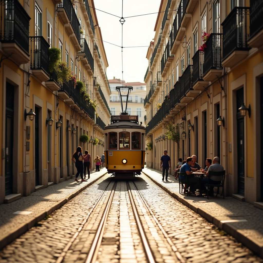 A high-resolution photograph capturing a quiet street in Lisbon, near the iconic Tram 28. The scene is bathed in the warm, golden hues of the late afternoon sun, casting long shadows and giving everything a nostalgic glow. Cobblestone streets stretch into the distance, flanked by quaint, pastel-colored buildings with wrought iron balconies adorned with potted plants and drying laundry. The tram rails glint softly under the sunlight, leading the eye towards the looming presence of Tram 28, a classic yellow streetcar that embodies the city's charm. The composition is framed at street level, slightly angled to capture the depth and perspective of the narrow alleyway. The atmosphere is serene, almost timeless, with soft reflections bouncing off the windows and subtle textures in the aged walls. A few locals are seen in the distance, leisurely walking or sitting at small outdoor cafés, adding a touch of life to the otherwise tranquil scene. This image perfectly encapsulates the essence of Lisbon's historic beauty and everyday magic.