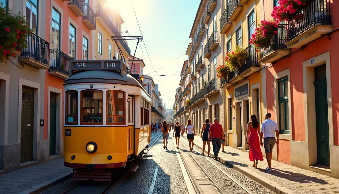Tram 28 in Lisbon, a vibrant and nostalgic street scene. Golden hour sunlight bathes the city, casting warm, rich hues onto the iconic yellow tram and surrounding pastel-colored buildings. The tram, detailed with vintage elements and polished metal, winds its way along narrow, cobblestone streets. Overhead, a clear blue sky fades into soft gradients of pink and orange. The tram is slightly to the left in the composition, framed by charming balconies with wrought iron railings and vibrant flower boxes in full bloom. The camera angle is slightly elevated, offering a broad view of the street's lively atmosphere. Pedestrians, dressed in casual summer attire, leisurely stroll along the sidewalks, their shadows elongated by the setting sun. The scene captures the essence of Lisbon's historic charm and the serene ambiance of twilight.