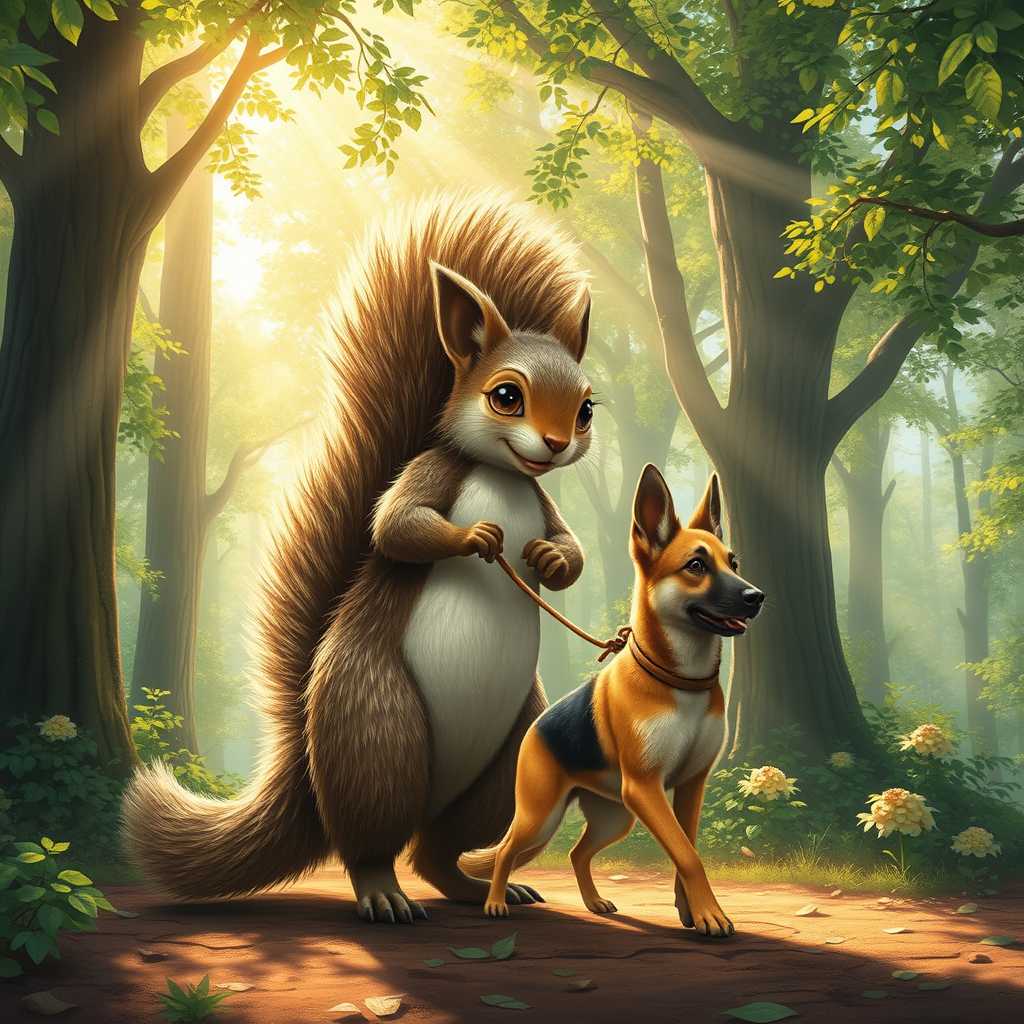 A fantastical scene featuring a giant squirrel walking a German Shepherd. The setting is a lush, sun-dappled forest with towering trees and vibrant green foliage. The giant squirrel, with its majestic, bushy tail and detailed fur texture, confidently holds the leash. The German Shepherd, depicted with lifelike detail, walks obediently beside it, exuding strength and loyalty. Sunlight streams through the canopy, creating beautiful, golden rays and dappled shadows on the forest floor. The artistic style is whimsical and surreal, reminiscent of a storybook illustration with rich colors and intricate details. The composition centers around the squirrel and the dog, with a slight low-angle perspective to emphasize the size difference. The mood is magical and light-hearted, capturing a serene afternoon in this enchanted forest, with a soft, warm atmosphere enhanced by the gentle rustling of leaves. Elements of realism blend seamlessly with fantasy to create a cohesive, captivating scene.