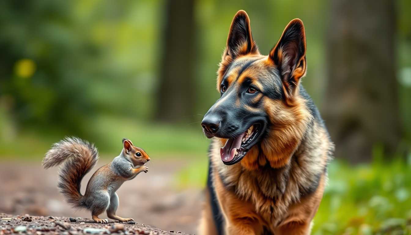 a realistic photo of a german shepherd being walked by a squirrel