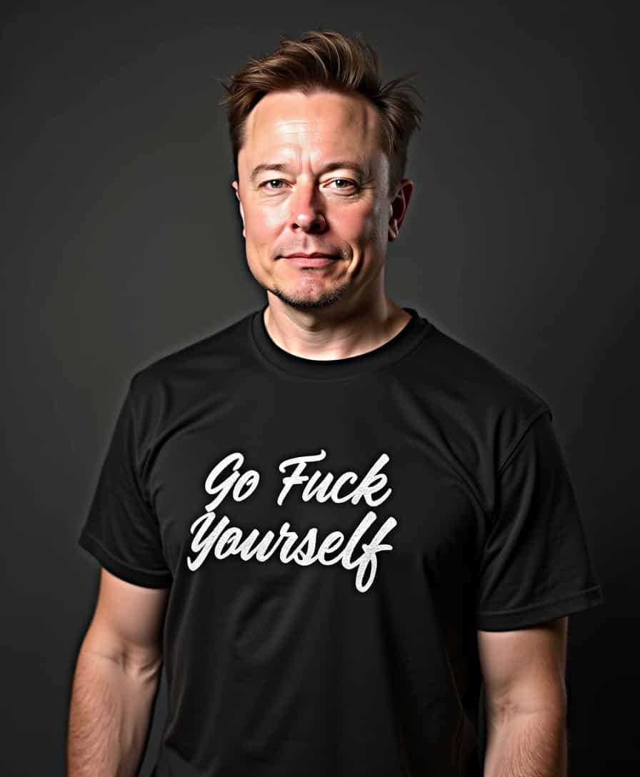 a photo of Elon Musk wearing a shirt that says "Go Fuck Yourself"