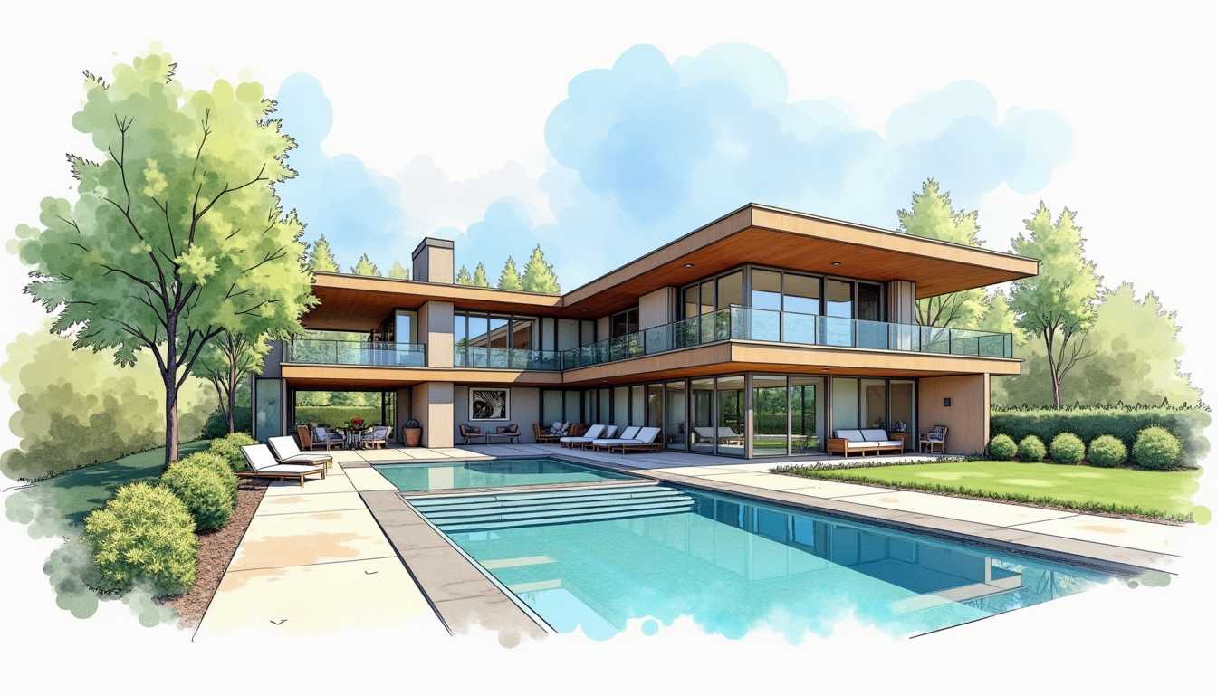 archwatercolor, archsketch, une reprézsentation en réalité mixete d'une maison d'architecte avec une piscine devant